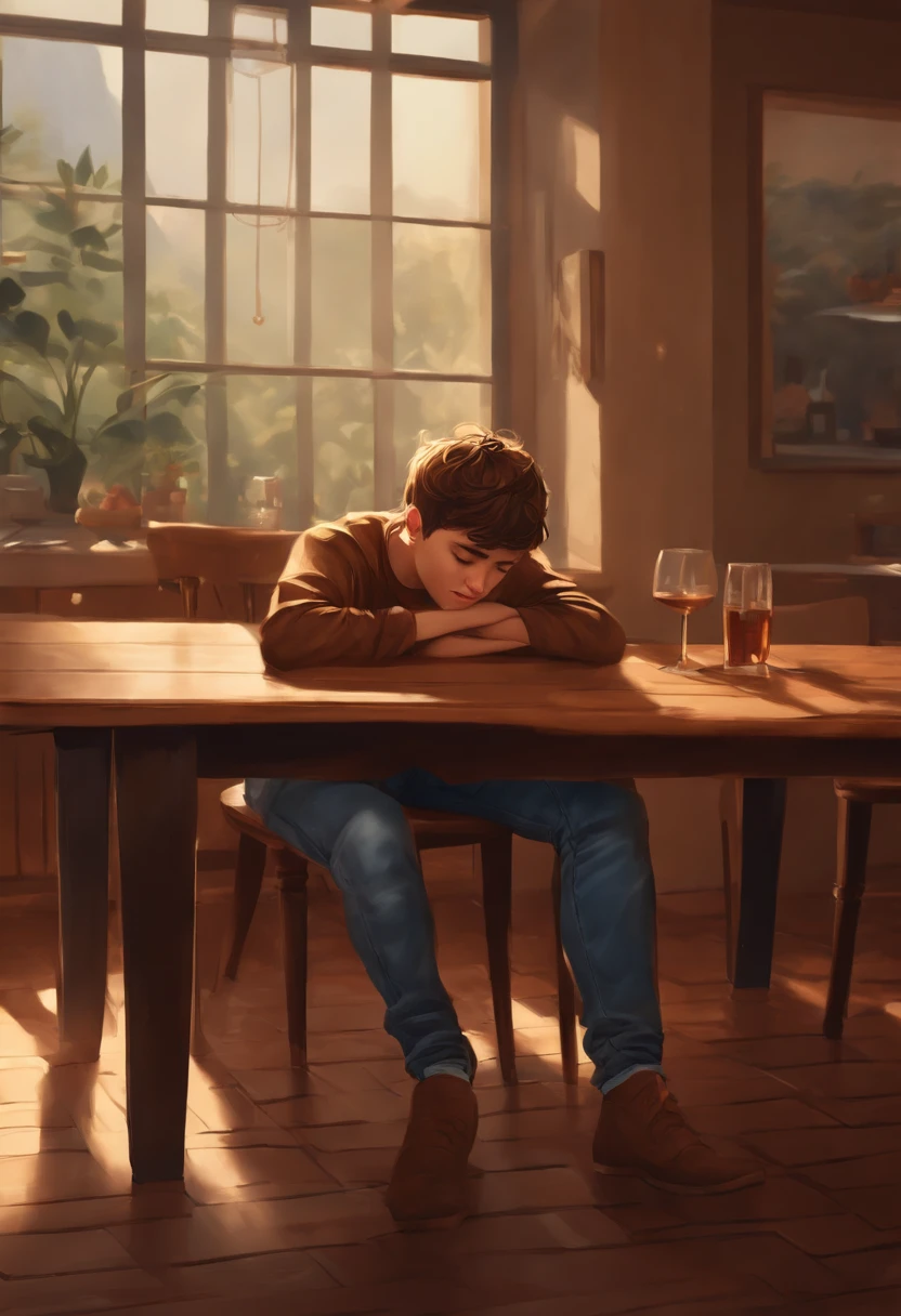 1boy, short brown spiking hair, wearing brown long sleeve T-Shirt, blue long jeans, lying on the table crying, arms covering head, restaurant, absurdres, high res, ultrasharp, 8K, masterpiece, looking at the floor