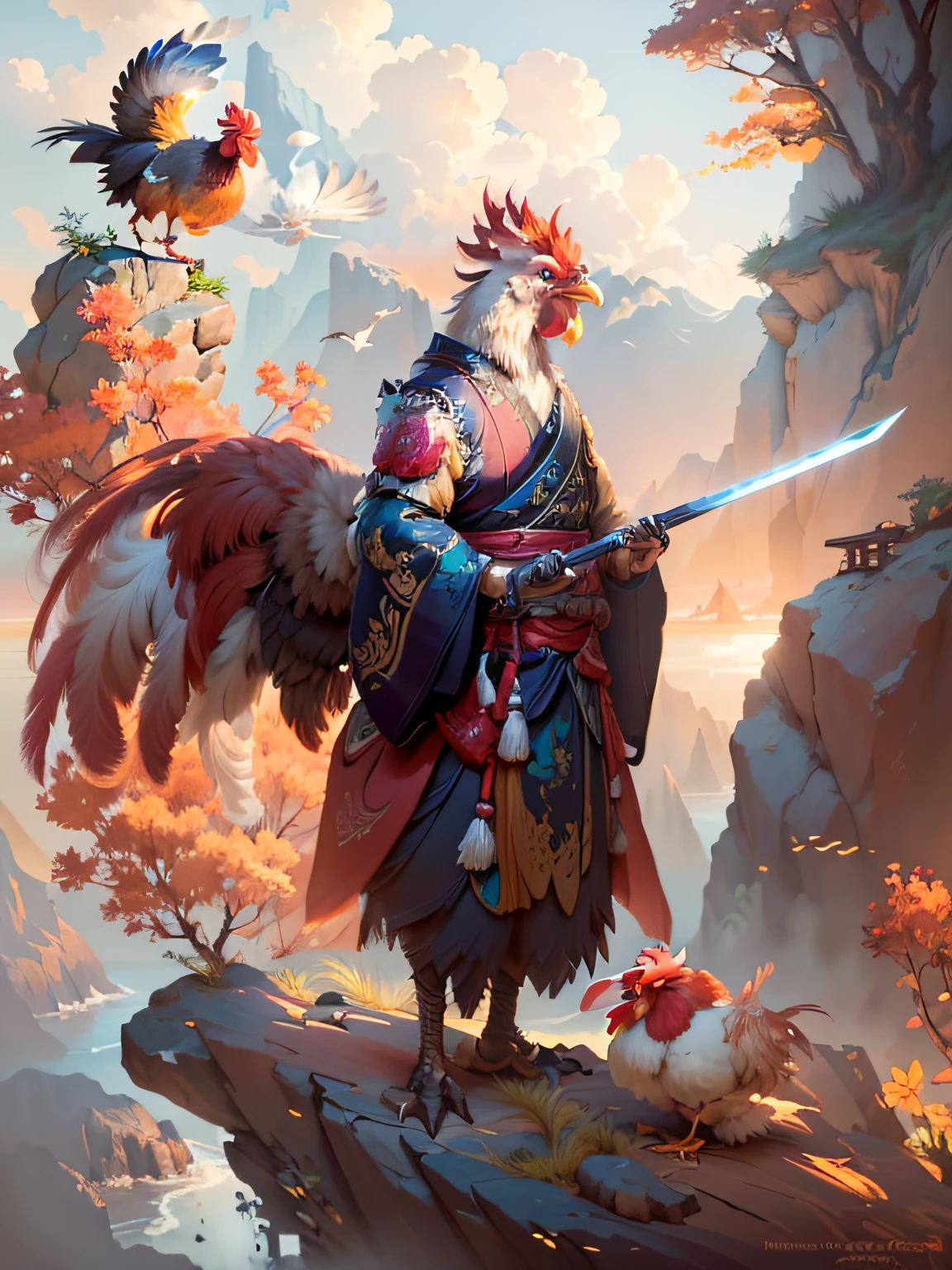 Draw a rooster with a sword and a bird on a rock, avian warrior, the king of rooster, fantasy duck concept portrait, birds f cgsociety, Onmyoji detailed art, art by Wlop and Greg Rutkowski, cgsociety and fenghua zhong, G Liulian art style, Feng Zhu concept art, Inspired by Hu Zaobin