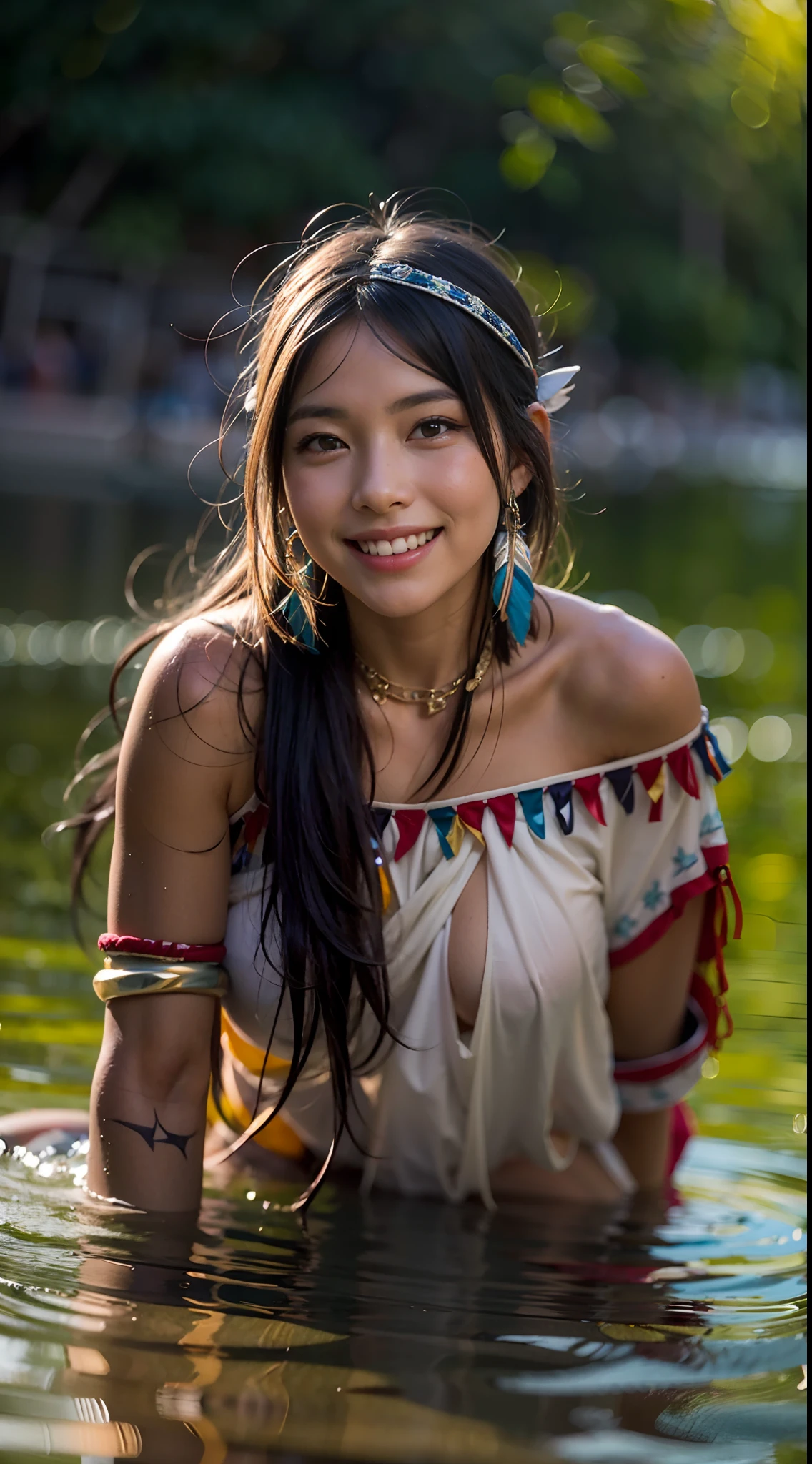 American Indian Native Girl, Dipping your feet in the river, perfect small breasts, Cute Sexy, Pleasure, Naked, Hyper realistic, Lifelike texture, Dramatic Lighting, nikon RAW photo, 8K, FUJI XT3, masutepiece, Best Quality, Realistic, (Photorealistic:1.4), ultra-detailliert, entire body visible, (((Smile:1.2)))