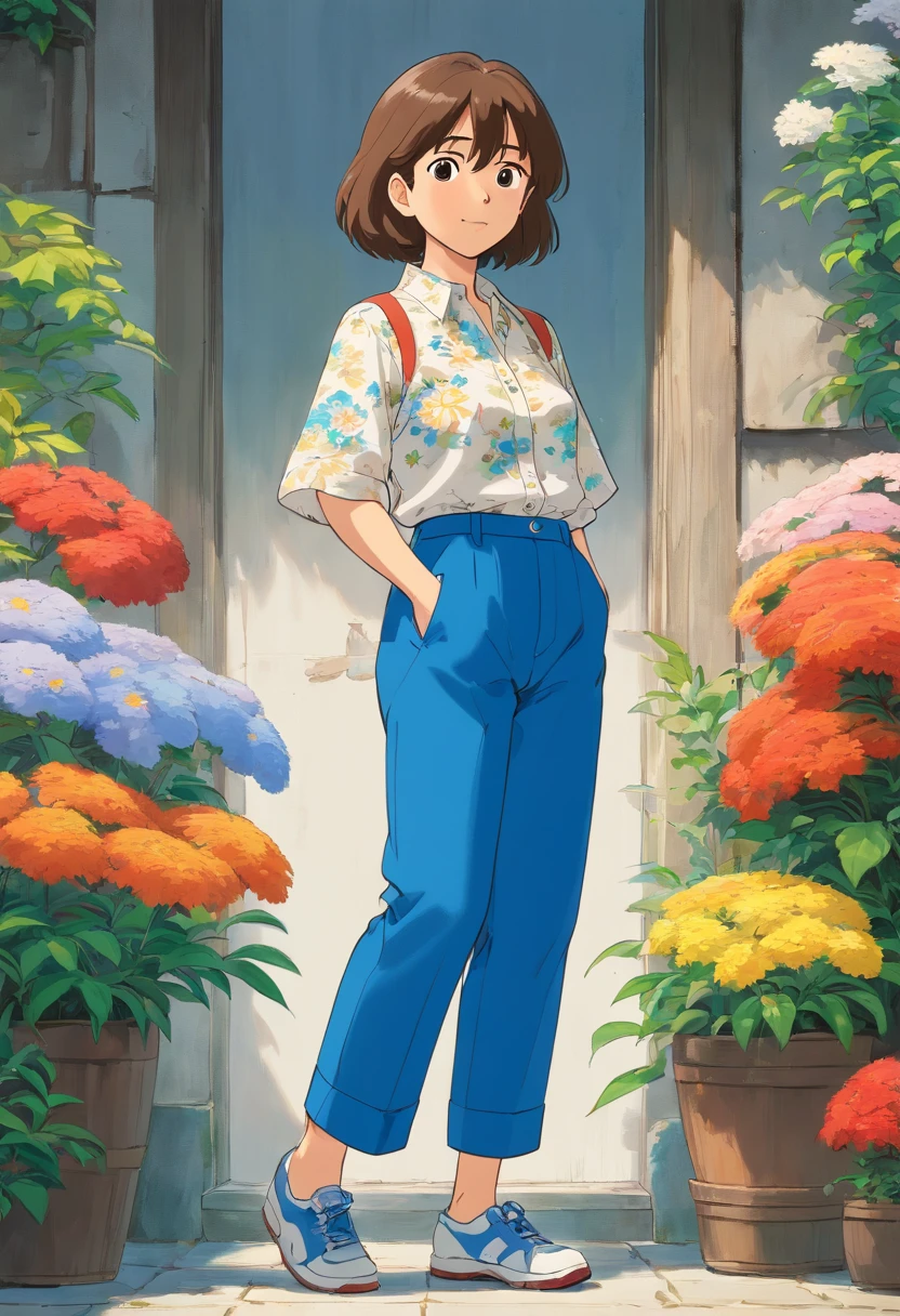 solid color backdrop,Middle-aged woman,aged 40,White floral shirt,blue trouser,canvas shoe
