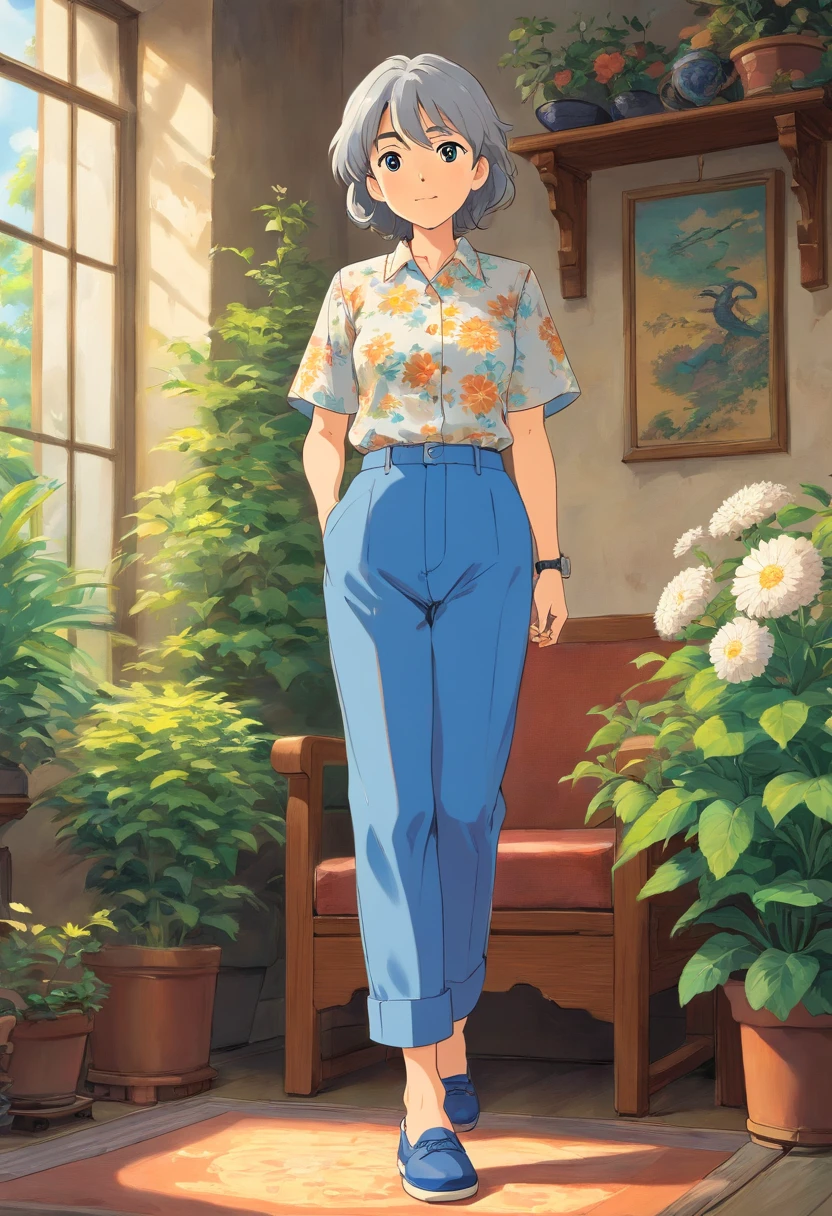 solid color backdrop，Middle-aged woman，aged 40，White floral shirt，blue trouser，canvas shoe