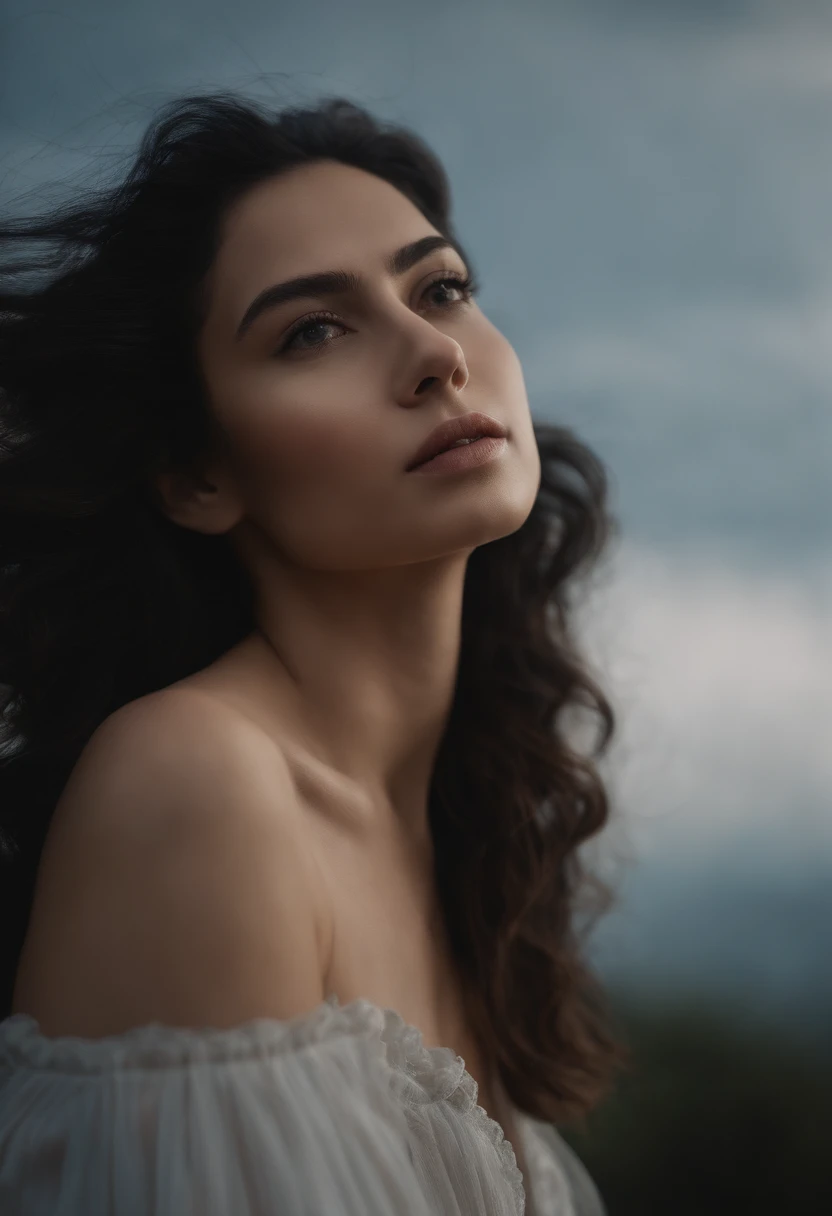 (masterpiece, best quality, ultra-realistic), showing the side face, (on_front:1.2), floating in the sky, (wavy hair:0.8), black hair, cloudy sky, sunlight, upper_body, off shoulder, day, girl around 25 years old, pretty girl