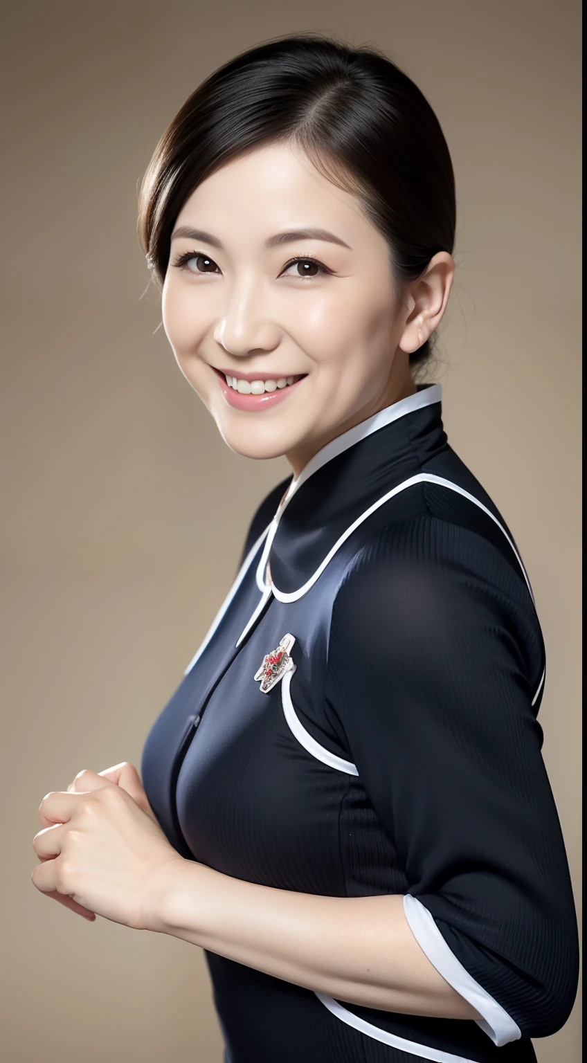 Masterpiece,Best quality, (maam. clerk:1), ((Portrait:1.3)), Cross arms， Smile，，Long legs，skin hyper-detail，Clear pores，in a panoramic view，Cocked buttocks，black lence stockings，Beautiful young Japanese woman over 40 years old,  Perfect face, Fantastic look,  (Detailed facial features),  Clean and nice face，on cheongsam