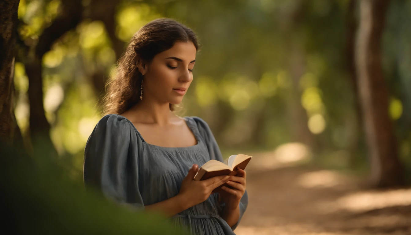 um anjo que emana luz divina, um anjo de Deus que aparece a uma jovem mulher judia, it's a biblical passage, o anjo esta envolto em luz, The scene takes place under trees, The young woman is simple