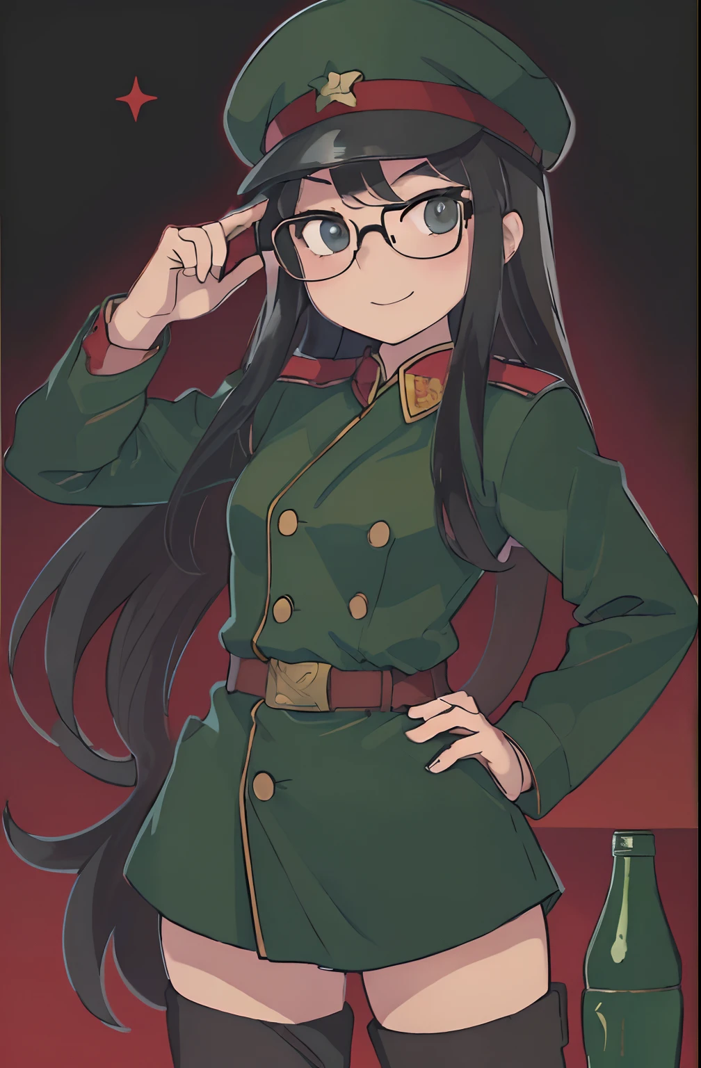 (tmasterpiece),(best qualtiy),(1 girl,独奏),(black hair:1.2),Wear a commissar's hat,round frame glasses,Single horsetail,Green Soviet military uniform,erect through,full bodyesbian,(little breast:1.2),army boots,thongs, Long hair, coke-bottle glasses, Smile, Anime style, Anatomically correct