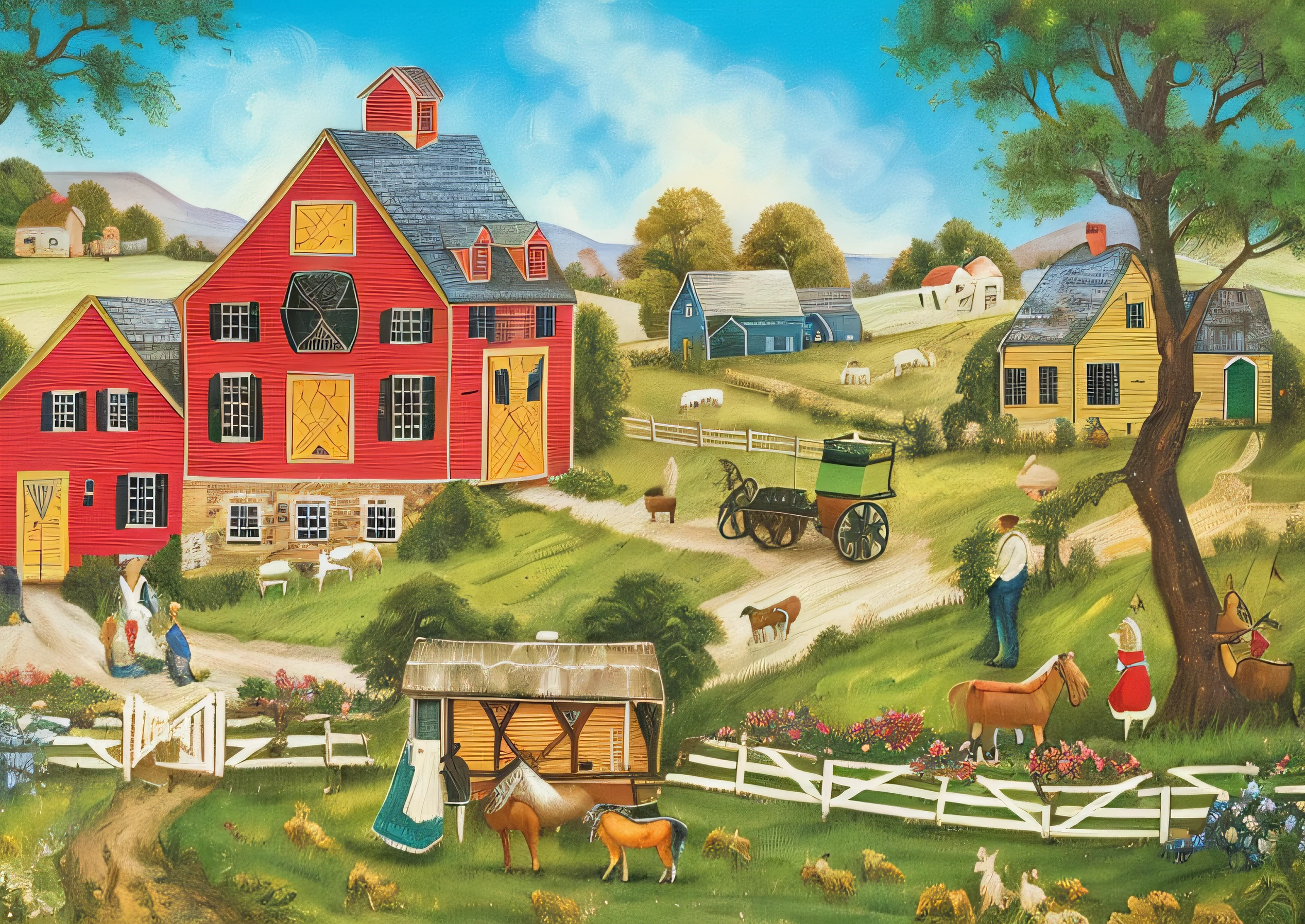 a painting of a farm scene with a red house and a horse drawn carriage, rural splendor, bucolic, whimsical art, countryside city scene, on a farm, mixed art, naive art, american scene painting, by Carol Bove, next to a red barn, by Don Reichert, folk art, in the countryside, summer afternoon, magical scene