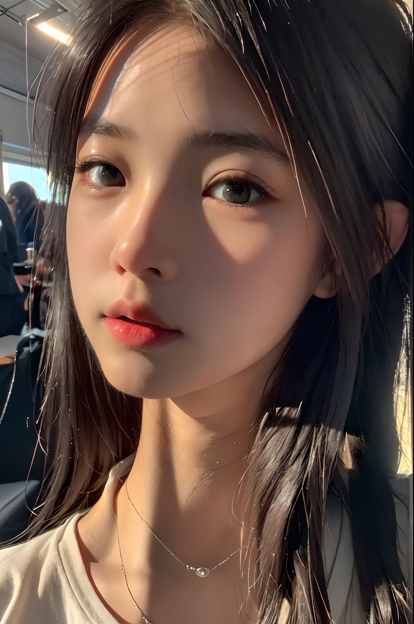 Attire, (Photo Photofidelity: 1.4), (Ultra Realistic: 1.4), (Realistic: 1.3), (Smoother Lighting: 1.05), (Improved Movie Lighting Quality: 0.9), 32K, 1 Girl, 20 Years Old Girl, Realistic Lighting, Backlight, Light on Face, Ray Tracing, (Brightened Light: 1.2), (Improved Quality: 1.4), (Best Quality Realistic Texture Skin: 1.4), Fine Fine Eyes, Fine Fine Face, Fine Eyes, (tiredness and sleepiness satisfaction: 0.0), face close-up, T-shirt, (increase body line mood: 1.1), (increase skin texture: 1.1)