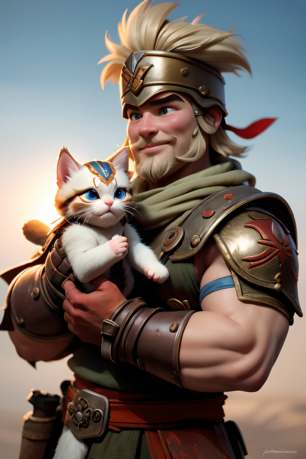 1000 years Close-up of funny cheerful Russian warrior in rusty and scratched armor. Holds in the palms of his hands a funny little cute fat kitten. Cartoon style. super realistic, Cinematic, blurred background. Light haze.
