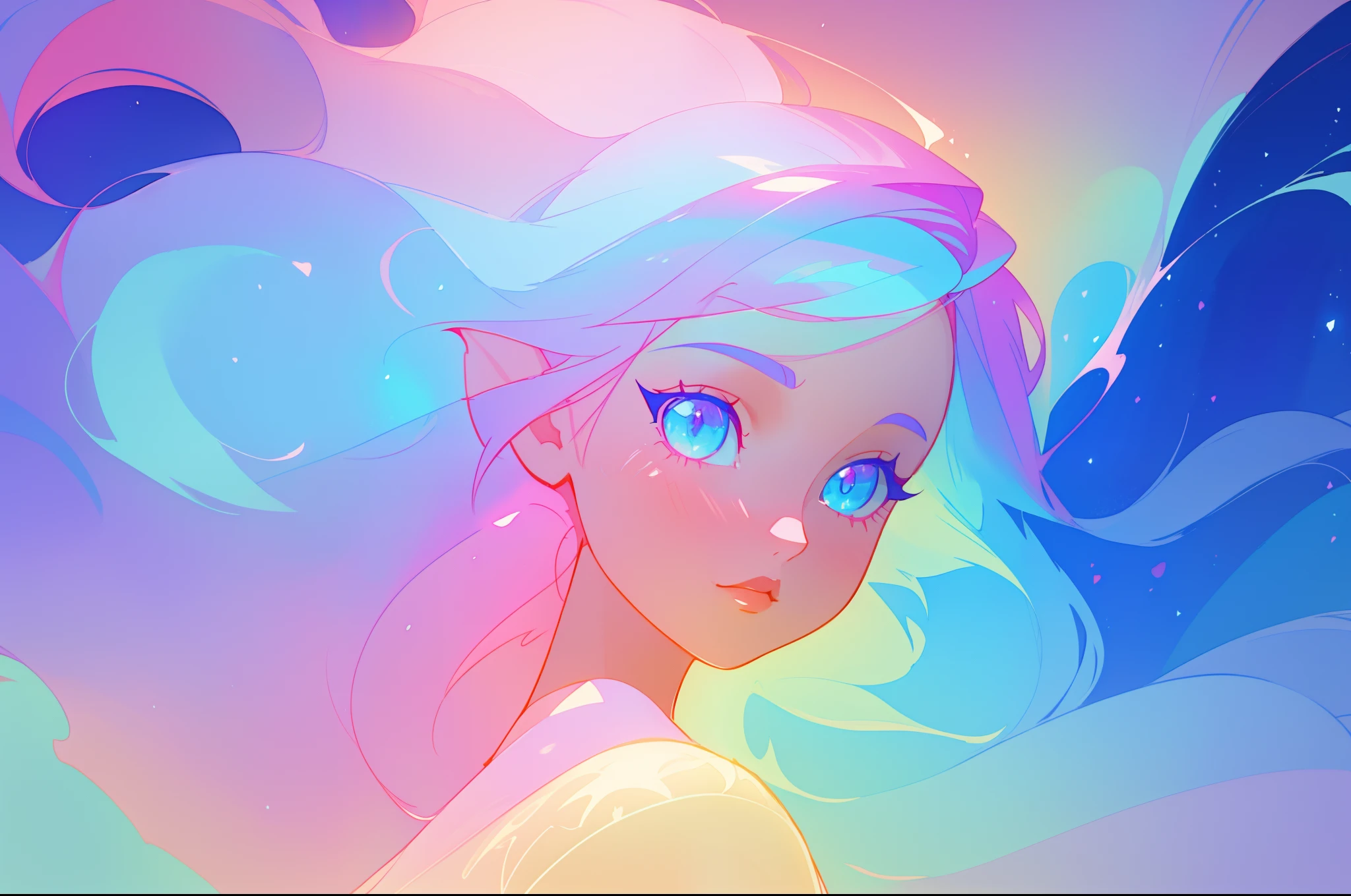 beautiful anime girl, portrait, vibrant pastel colors, (colorful), magical lights, long flowing colorful hair, inspired by Glen Keane, inspired by Lois van Baarle, disney art style, by Lois van Baarle, glowing aura around her, by Glen Keane, jen bartel, glowing lights! digital painting, flowing glowing hair, glowing flowing hair, beautiful digital illustration, fantasia background, whimsical, magical, fantasy, beautiful face, ((masterpiece, best quality)), intricate details, highly detailed, sharp focus, 8k resolution, sparkling detailed eyes, liquid watercolor