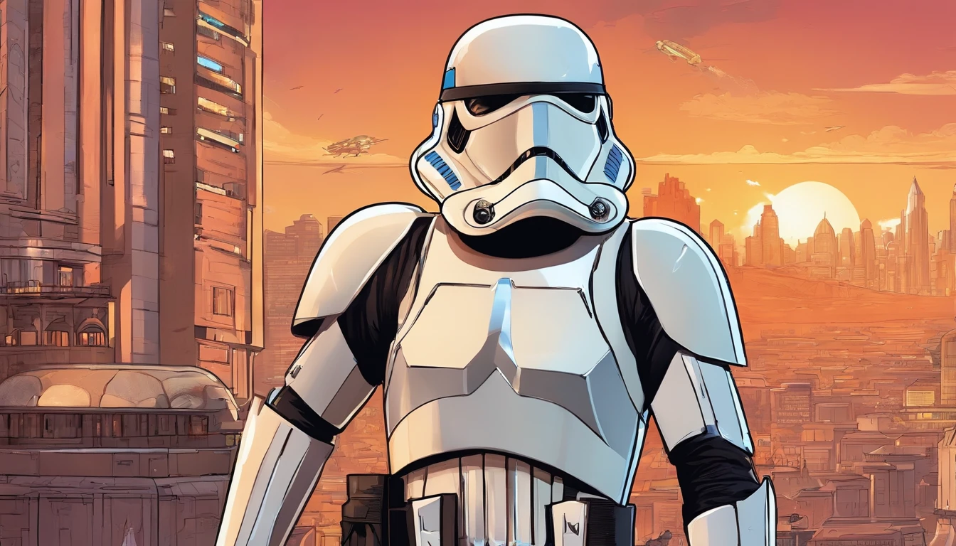 A close-up portrait of a man, with a city-bar in the background, his hand in greeting, inspired by the concept art of Magali Villeneuve, popular in CG Society, from "Star Wars: The Old Republic", influenced by the concept art of Ralph McQuarrie. The stormtrooper has a strong and confident expression, emphasizing the detailed facial features such as beautiful detailed eyes, detailed lips, and extremely detailed eyes and face. She is wearing the traditional white stormtrooper armor, with a sleek and futuristic design. The city in the background is bustling with activity, with futuristic buildings and flying vehicles, creating a sense of a vibrant and advanced metropolis. The artwork is rendered in a medium that combines elements of illustration, 3D rendering, and photography, resulting in a visually stunning and immersive piece. The colors and lighting are vivid and dynamic, enhancing the overall atmosphere of the artwork. The image quality is of the utmost importance, with a best quality, 4K or 8K resolution, high-res, and masterpiece:1.2, making it a true masterpiece in terms of quality and detail. The prompt aims to capture the essence of the concept art, showcasing the iconic Imperial stormtrooper in a captivating and visually striking manner.
