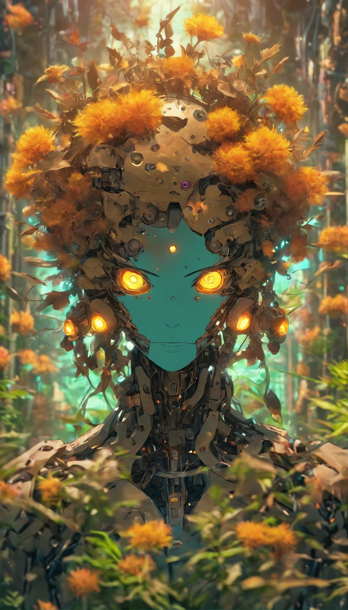 a front faced gorgeous botanical cyborg with dry flowers growing out of it, rustic:1.3 ,biomechanical ((cyborg:1.3))automata, android, bokah diadem, damaged suit, dameged head, cracked glass, scratche screen,damned lands,yule heaven,biomechanical cyborg, 8k resoultion, cinematic style digital art render with mechanical and futuristic details, Sci-Fi, hyper realistic ,biomachanical cyborg, post apocalyptic, damaged, surreal,surreal, withered nature, withered plants and leaves , dried