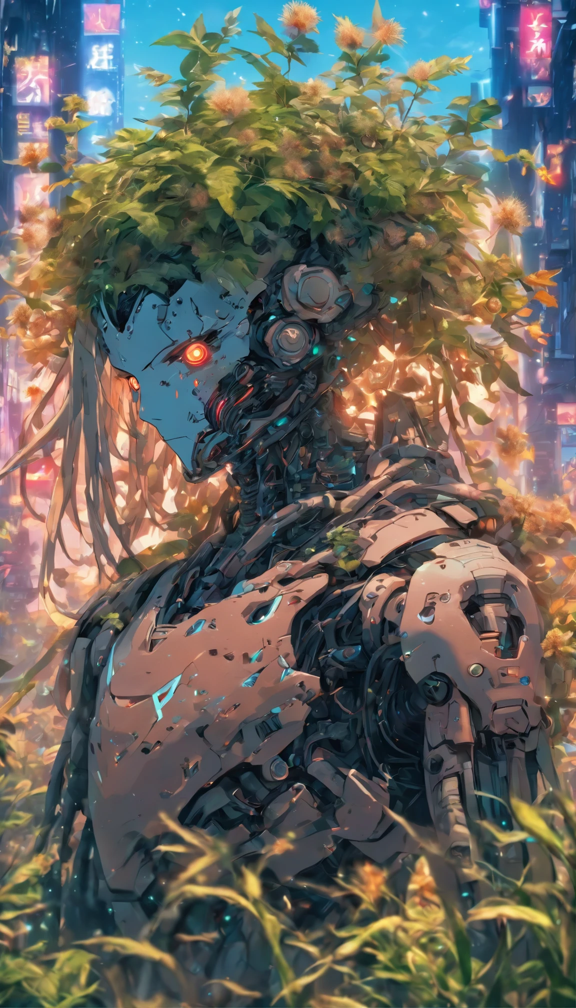 a front faced gorgeous botanical cyborg with dry flowers growing out of it, rustic:1.3 ,biomechanical  ((cyborg:1.3))automata, android, bokah diadem, damaged suit, dameged head, cracked glass, scratche screen,damned lands,yule heaven,biomechanical cyborg, 8k resoultion,  cinematic style digital art render with mechanical and futuristic details, Sci-Fi, hyper realistic ,biomachanical cyborg, post apocalyptic, damaged, surreal,surreal, withered nature, withered plants and leaves , dried