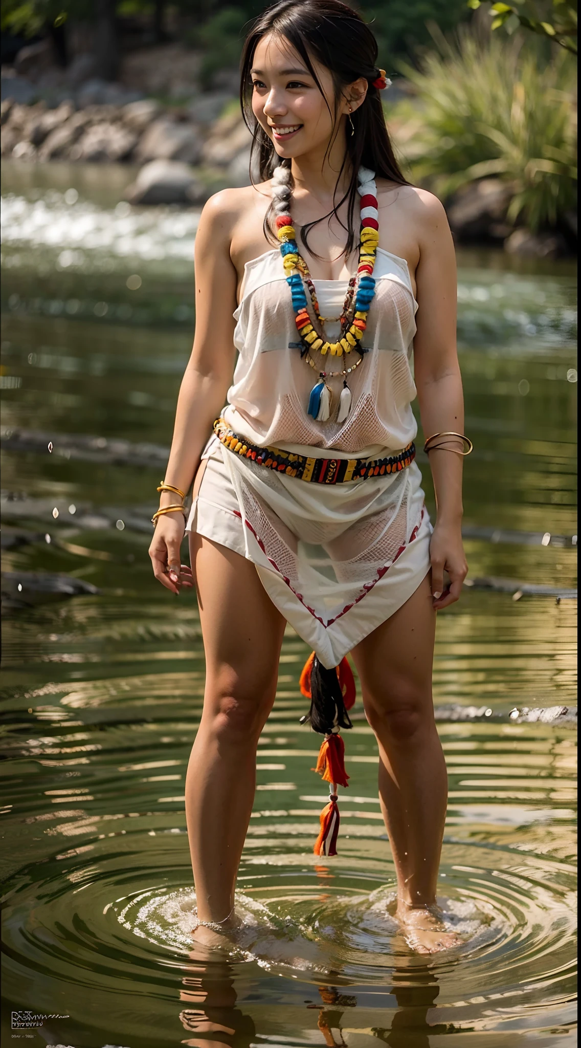 American Indian Native Girl, Dip your feet in the river, Perfect small breasts, Cute Sexy, Pleasure, Naked, Hyper realistic, Lifelike texture, Dramatic Lighting, nikon RAW photo, 8K, 富士XT3, masutepiece, Best Quality, Realistic, (Photorealistic:1.4), ultra-detailliert, entire body visible, (((Smile:1.2)))