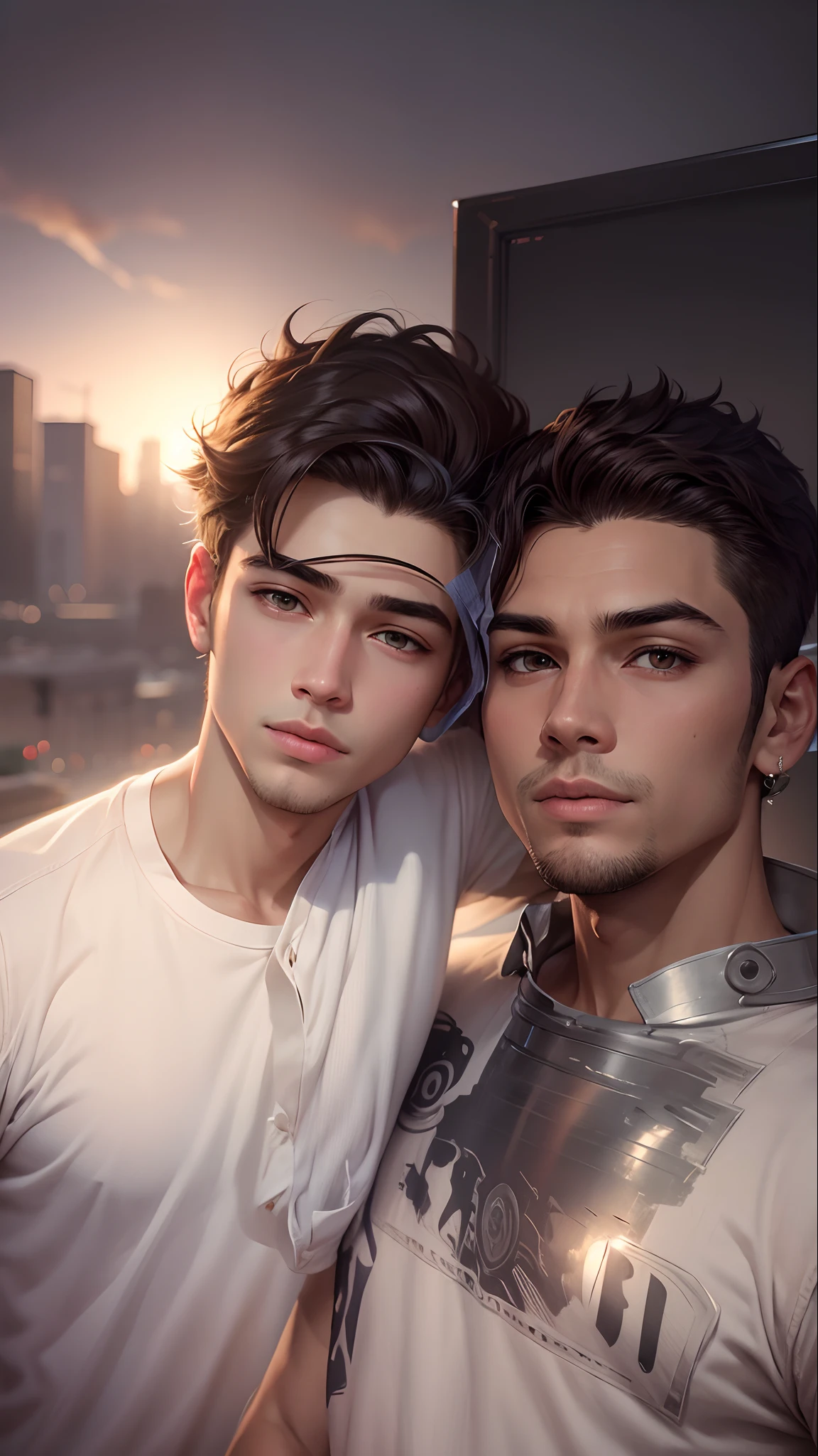 Best quality,change background two handsome boys, realistic face,
