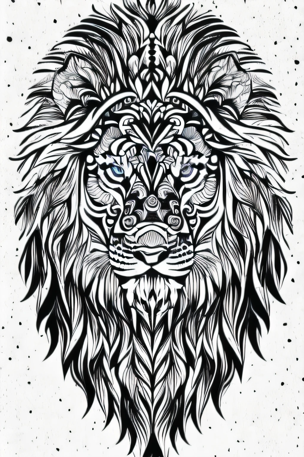 Coloring page for adults, bold lines, dark lines, lion body
mandala, mandala lion face, mandala face, symmetrical, white background, clean line art, thin line art, black and white