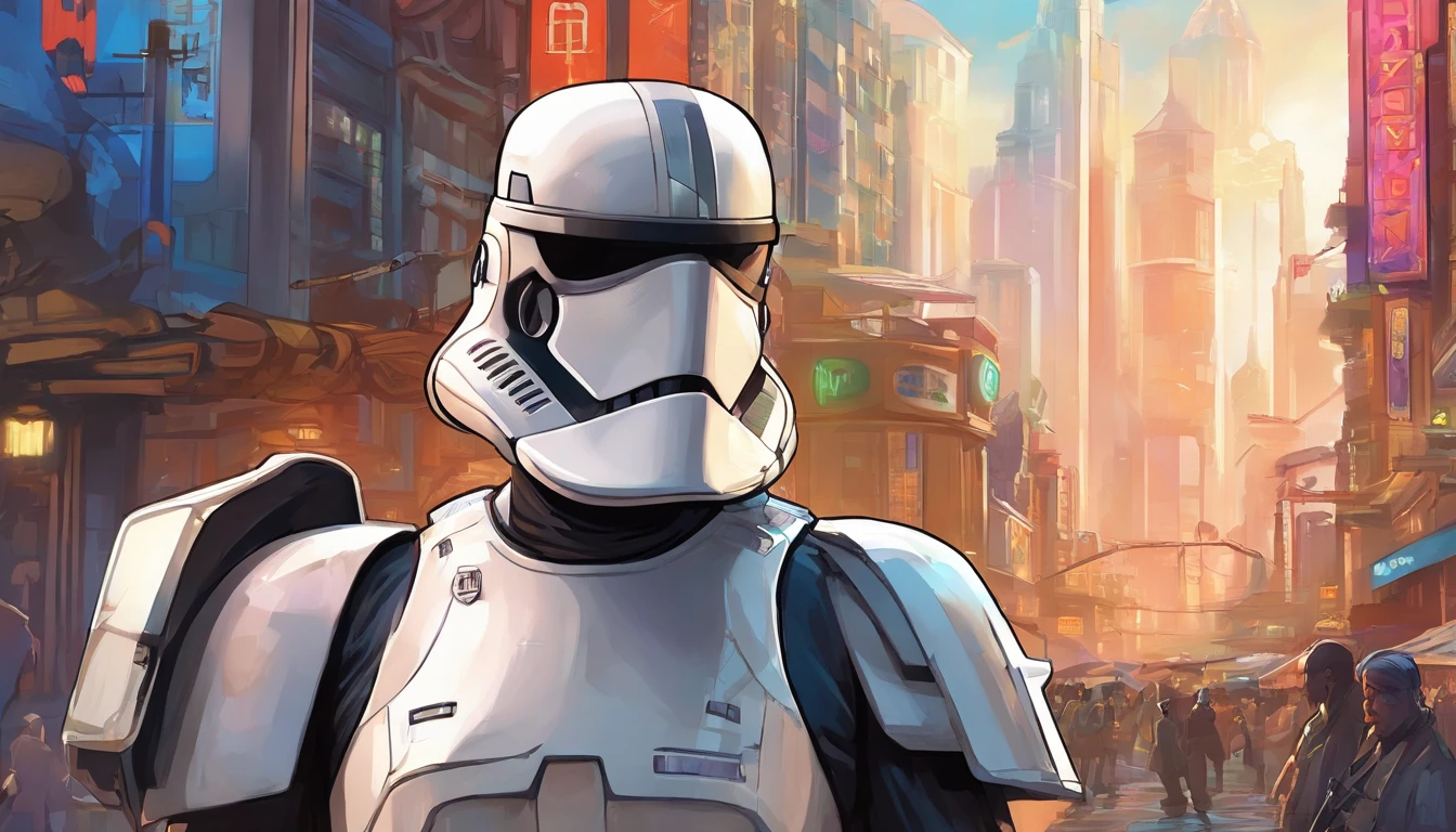Close-up portrait of a man, The face is hidden under the hood, with a city bar in the background, His hand in greeting, inspired by concept art by Magalie Villeneuve, trending on cg society, AB ""Star Wars": The Old Republic", influenced by Ralph McQuarrie's concept art. The stormtrooper has a strong and confident expression on his face, emphasizing detailed facial features, such as beautiful detailed eyes, detailed lips, and extremely detailed eyes and face. She is dressed in the traditional white armor of a stormtrooper, With a sleek and futuristic design. The city in the background is bustling with life, with futuristic buildings and aircraft, creating a feeling of a bright and developed metropolis. A work of art is visualized in an environment, combining elements of illustration, 3D Rendering, and photography, The result is a visually stunning and immersive piece. The colors and lighting are bright and dynamic, Enhancing the overall atmosphere of the artwork. Image quality is paramount, With the best quality, 4K or 8K resolution, hight resolution, And a masterpiece:1.2, which makes it a true masterpiece in terms of quality and detail.