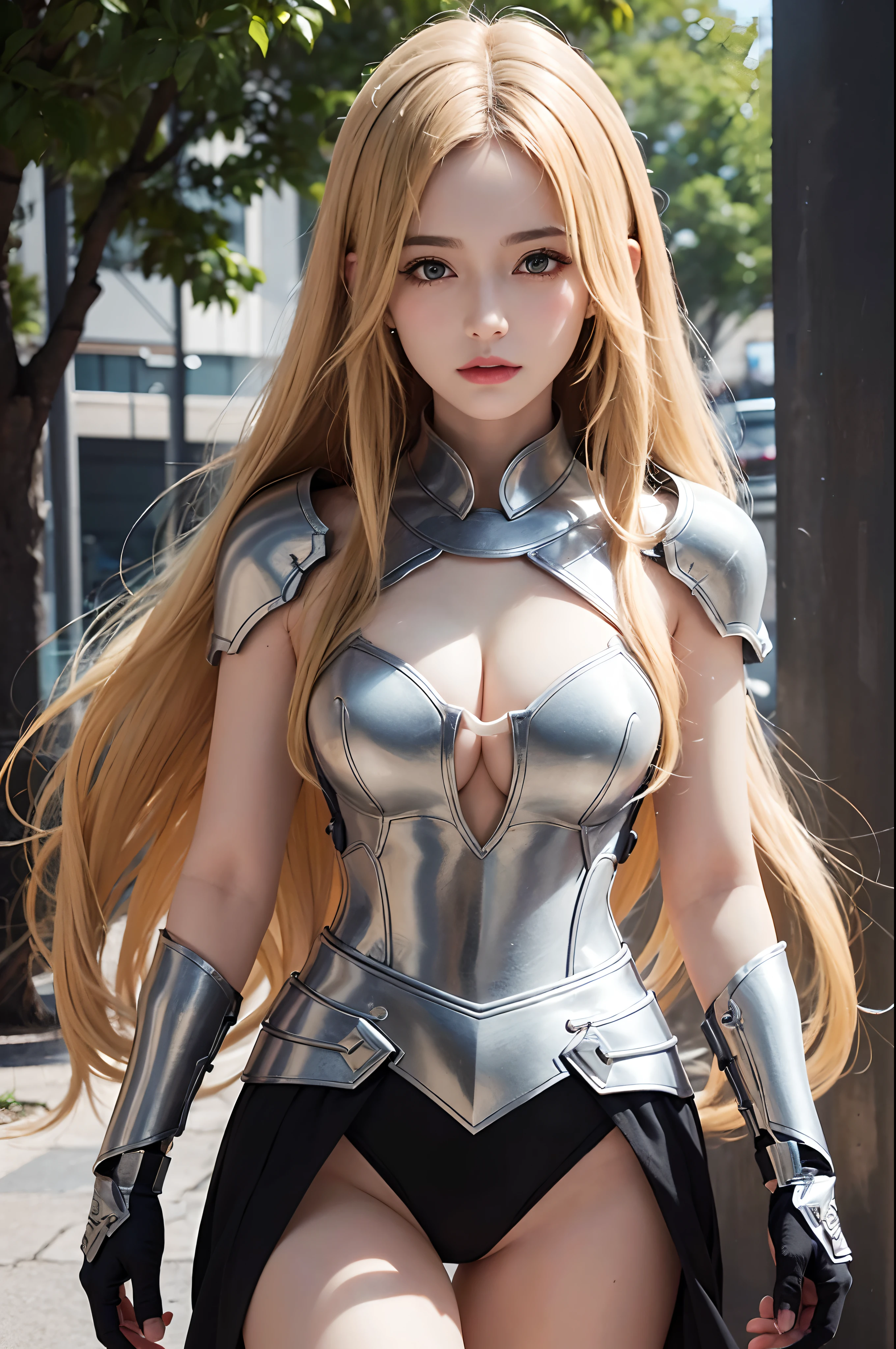Realistic lighting, Top Quority, 8K resolution, (masterpiece: 1.3), (Clear focus: 1.2), 1 girl, delicate face, big double eyelids, Sensual expression, Perfect anatomy of the body, (perfect body: 1.6), (big chest 1.7), long blonde hair, (best breasts: 1.8), armor, long knife, magia, exterior, (date: 1.1), 1080p, hyper HD, texture, super detailed, best quality, high detail, highest quality.