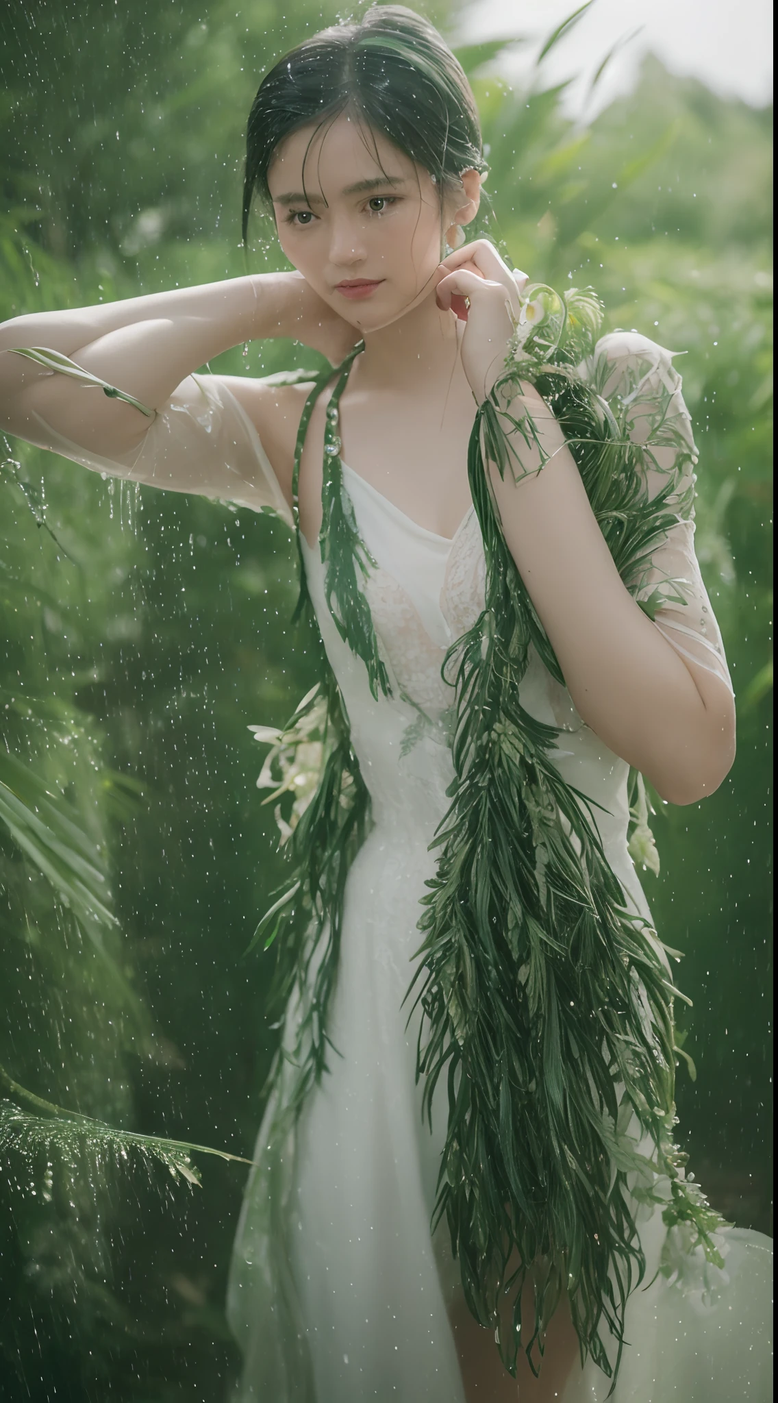 (Best quality,4K,8K,A high resolution,Masterpiece:1.2), Ultra-detailed, (Realistic,Photorealistic,photo-realistic:1.37), Blurred, Green-haired lady, Vertical yellow iris, deer antlers, Swimwear, Soft lighting, Playful and elegant curves, Sharp focus, Extremely detailed, Ethereal, Traditional Chinese landscape painting, Vibrant colors, Gentle lighting, Beads of sweat on fair skin, rainy scene