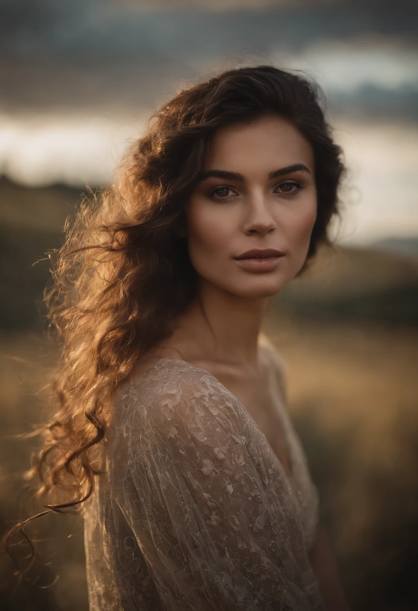 (masterpiece, best quality, ultra-realistic), showing the side face, (on_front:1.2), floating in the sky, (wavy hair:0.8), black hair, cloudy sky, sunlight, upper_body, off shoulder, day, girl around 25 years old, pretty girl