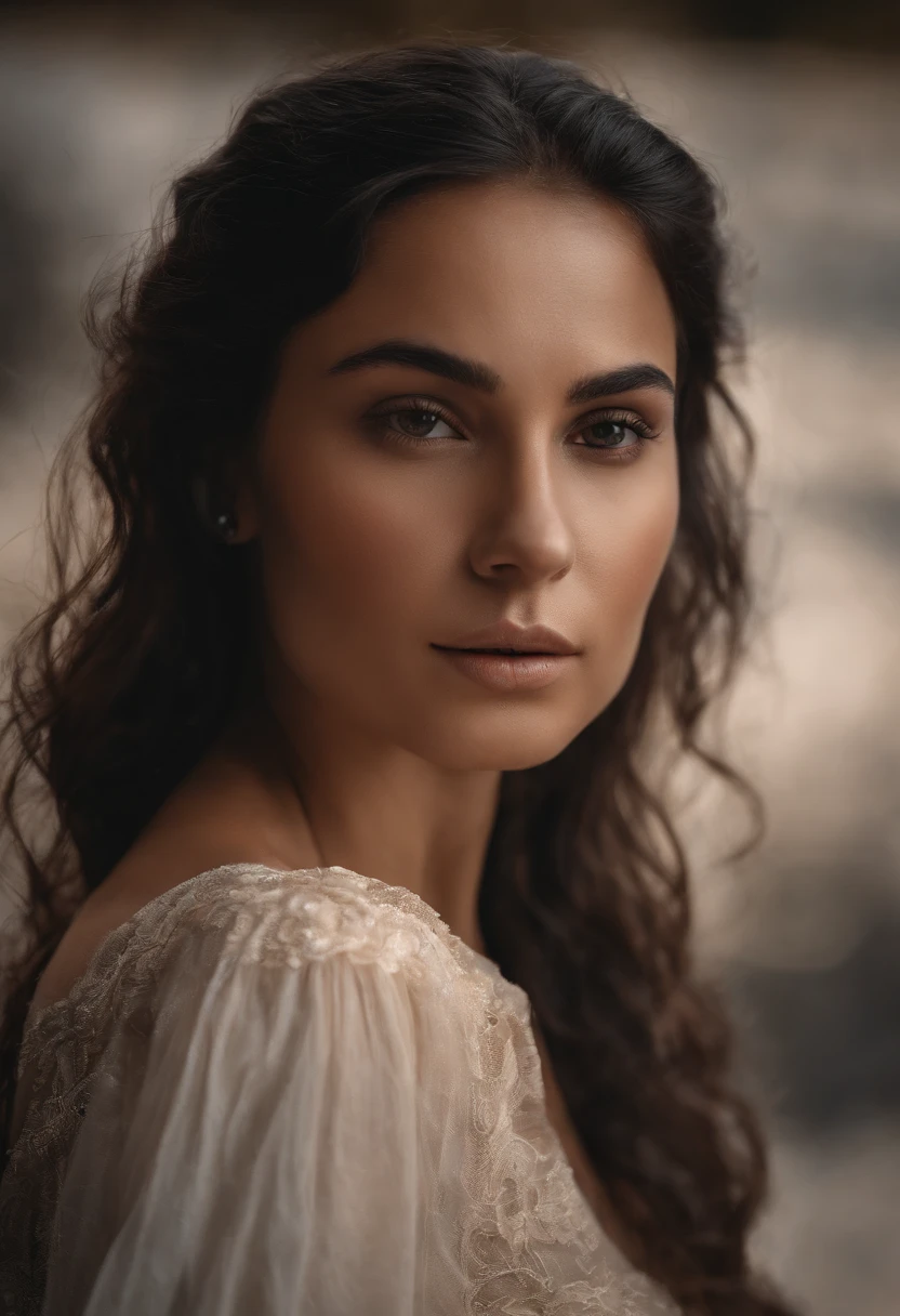 (masterpiece, best quality, ultra-realistic), showing the side face, (on_front:1.2), floating in the sky, (wavy hair:0.8), black hair, cloudy sky, sunlight, upper_body, off shoulder, day, girl around 25 years old, pretty girl