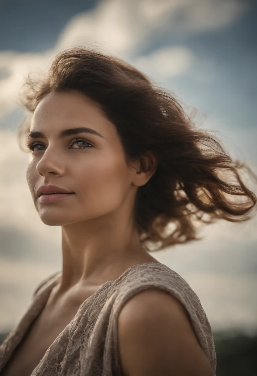 (masterpiece, best quality, ultra-realistic), showing the side face, (on_front:1.2), floating in the sky, (wavy hair:0.8), black hair, cloudy sky, sunlight, upper_body, off shoulder, day, girl around 25 years old, pretty girl