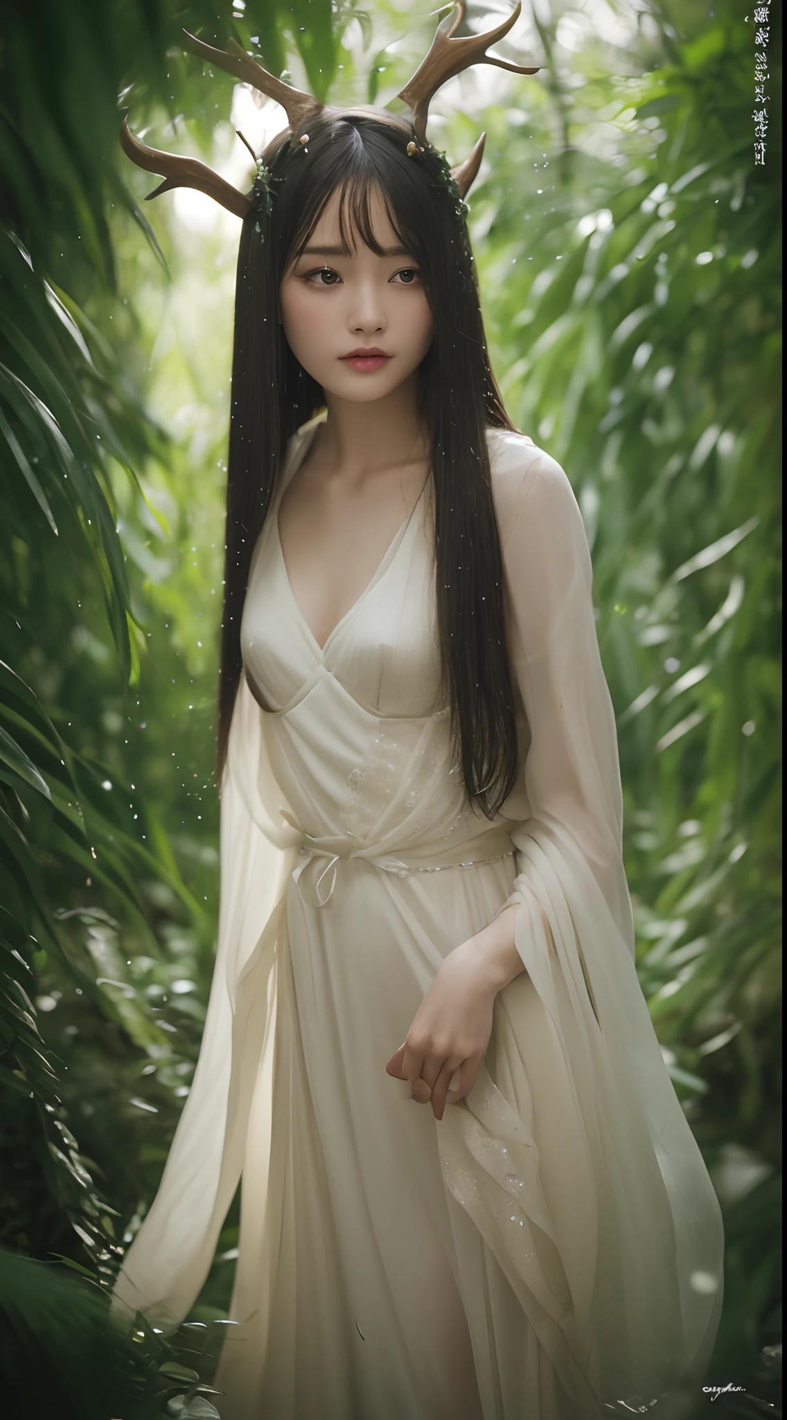(Best quality,4K,8K,A high resolution,Masterpiece:1.2), Ultra-detailed, (Realistic,Photorealistic,photo-realistic:1.37), Blurred, Green-haired lady, Vertical yellow iris, deer antlers, Swimwear, Soft lighting, Playful and elegant curves, Sharp focus, Extremely detailed, Ethereal, Traditional Chinese landscape painting, Vibrant colors, Gentle lighting, Beads of sweat on fair skin, rainy scene