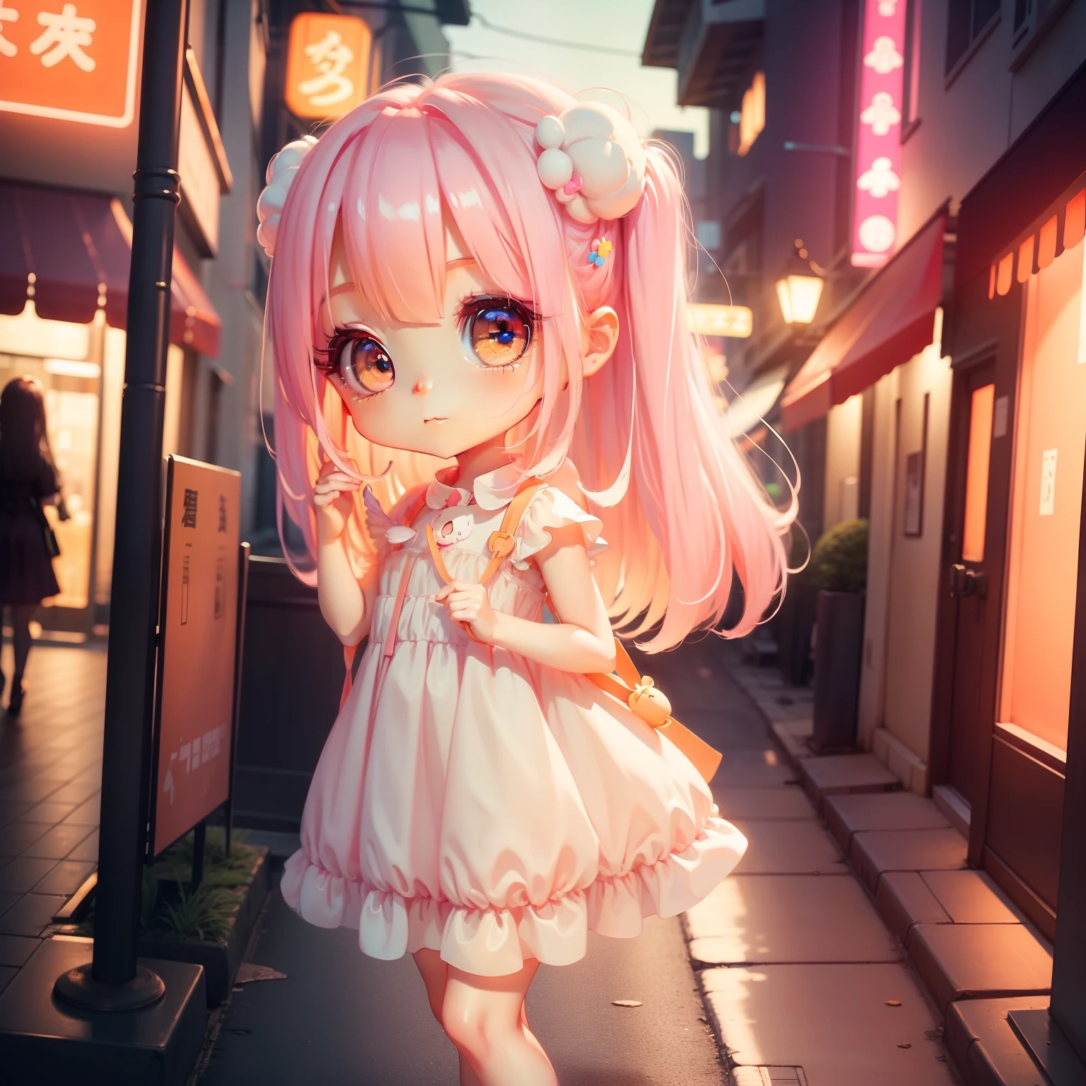 masterpiece、detaileds、Soft lighting、pink dress、White-haired rabbit-eared girl、Orange-eyed chibi、Neon Street