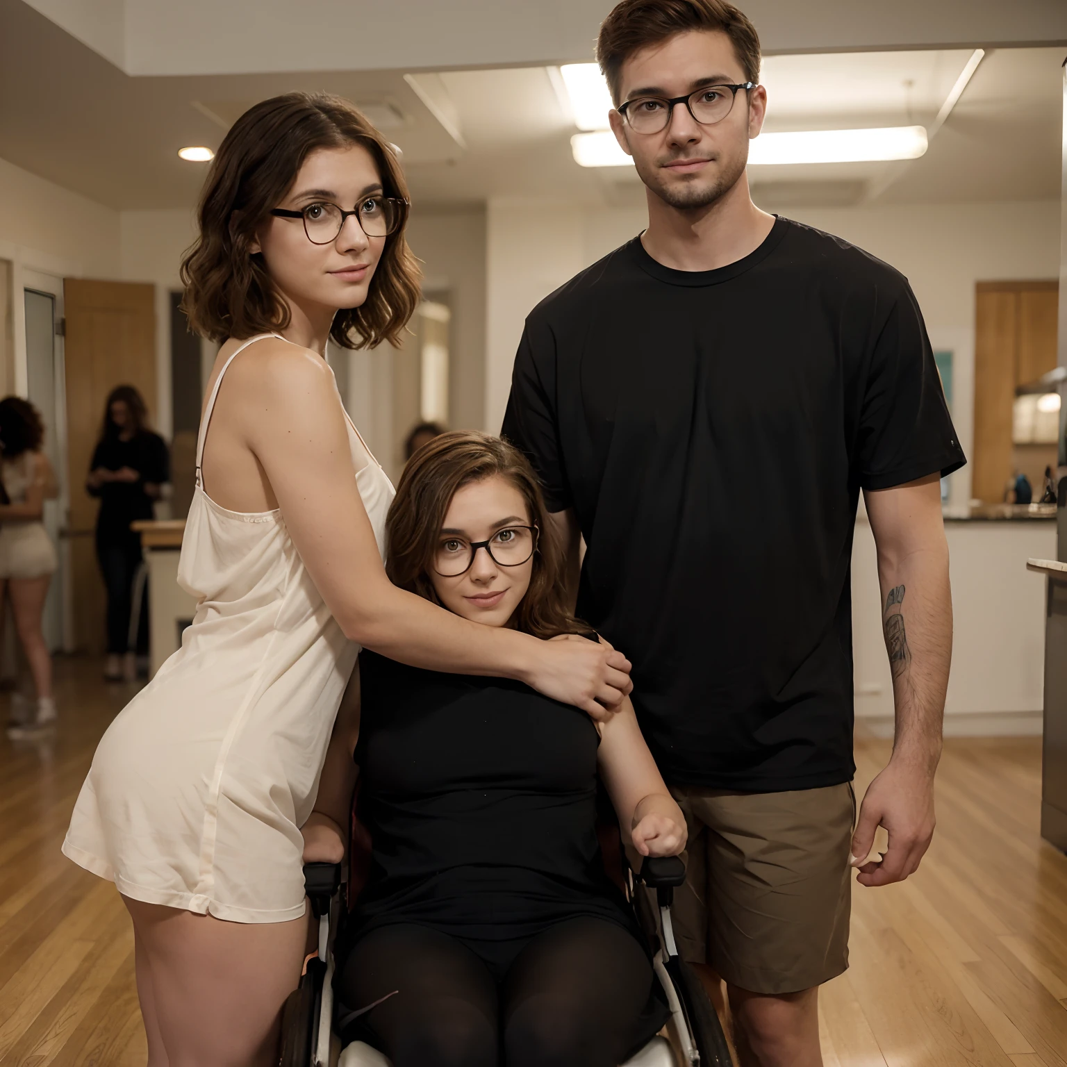 3 people.  Angelica Sayre (((slender))((short)) curly light brown hair,  wire rimmed glasses) in a wheelchair, beside her ((standing)) boyfriend Chad Seier. A pretty blonde woman in a short dress faces the viewer in the background.