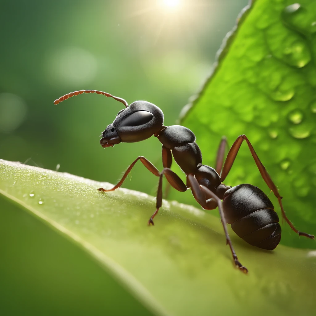 An ant lies on a leaf looking up to the right,There is dew on the edges of the leaves,magic hour,photorealistic cinematic render, Cinematic 3D rendering, realistic cgi render, Depicted as a 3D rendering