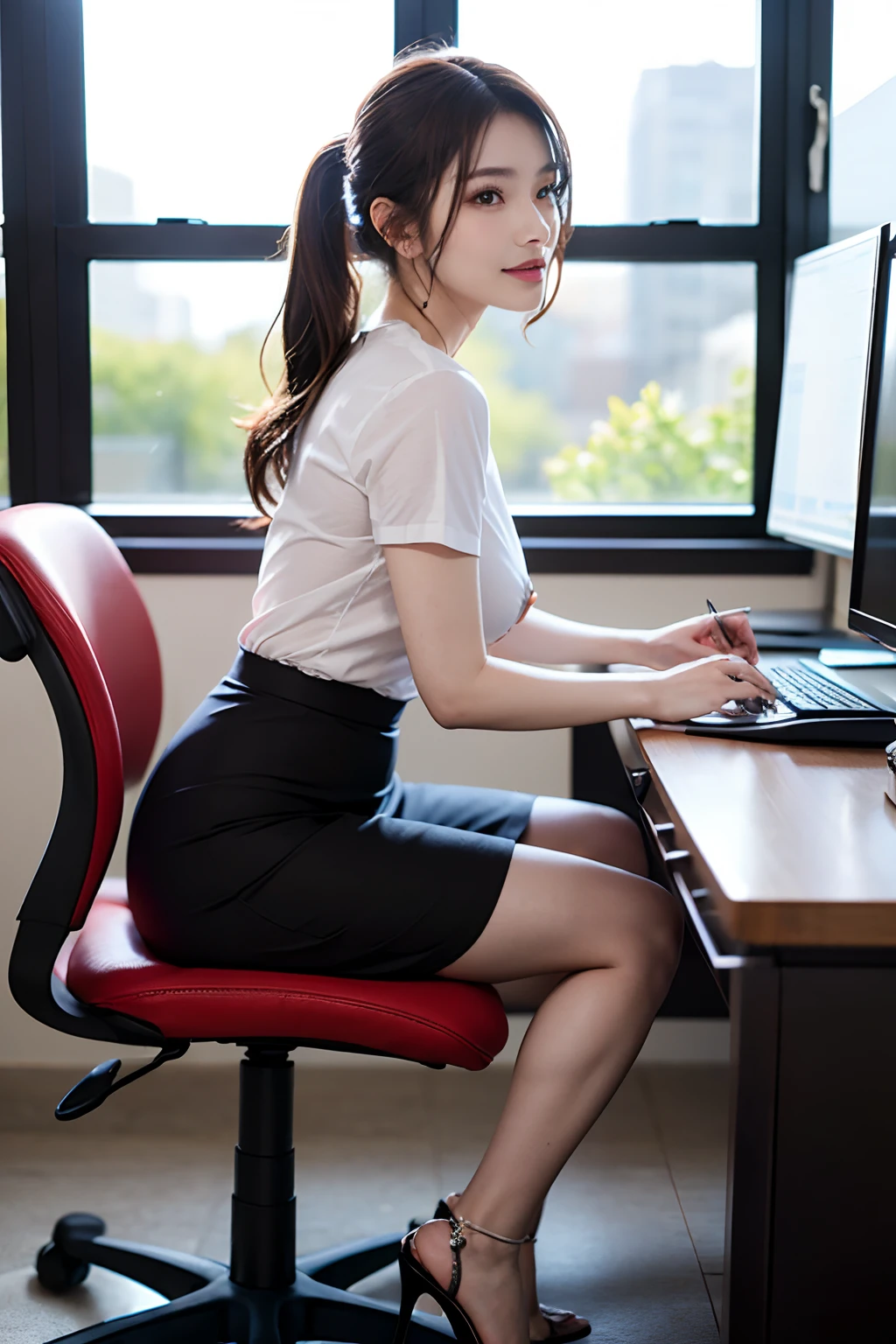 ((top-quality、​masterpiece、photographrealistic:1.4、in 8K))、Beautuful Women１a person、２5years old、beautiful hairl、delicate and beautiful face、Eyes and faces with detailed 、(Colossal tits:1.3)、(Modern workplace with computer:1.2)、(Detailed :1.2)、(Kissing facial expressions:1.2)、A smile、Beautiful lighting、Textured skin、Super Detail、high detailing、High quality、hight resolution、bangss、full body Esbian、tight skirts、Women at work、window、Mature clothes、Women who can work、high-heels