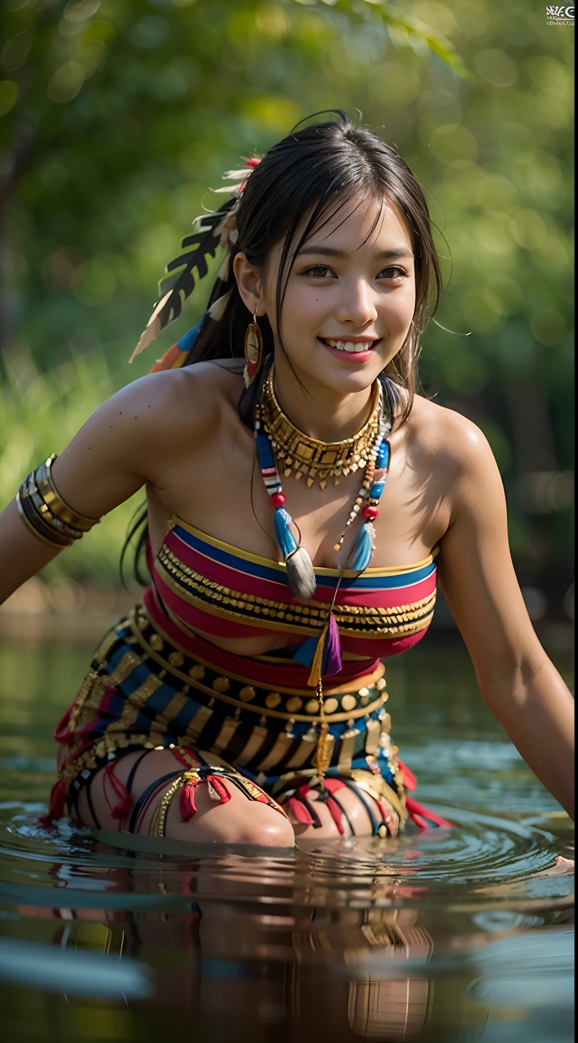 American Indian Native Girl, Dip your feet in the river, Perfect small breasts, Cute Sexy, Pleasure, Naked, Hyper realistic, Lifelike texture, Dramatic Lighting, nikon RAW photo, 8K, FujifilmXT3, masutepiece, Best Quality, Realistic, (Photorealistic:1.4), ultra-detailliert, entire body visible, (((Smile:1.2)))