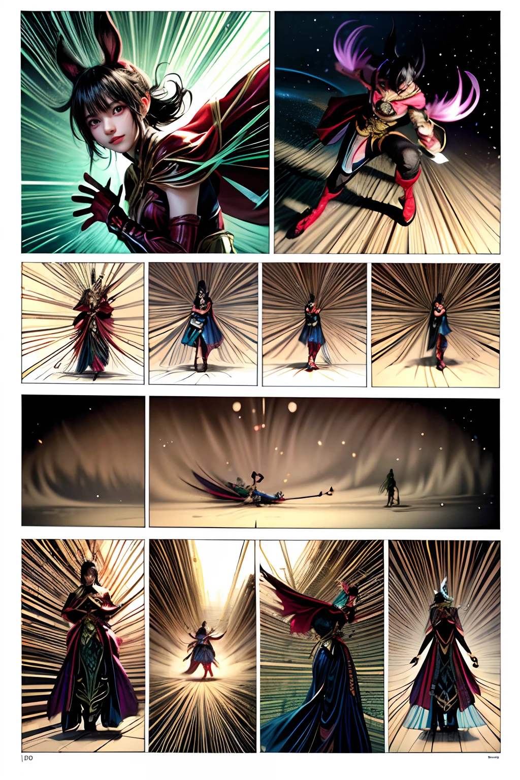 Comic storyboard:1.8, comic strip_layout,Chinese woman,The beautiful,Costume dress,edgBunny,full moon, 32K ,hyper HD, , anatomy correct,fantasy,Comics-like panel layout, Voice balloons, English text, Hand drawn audio stickers used in comics