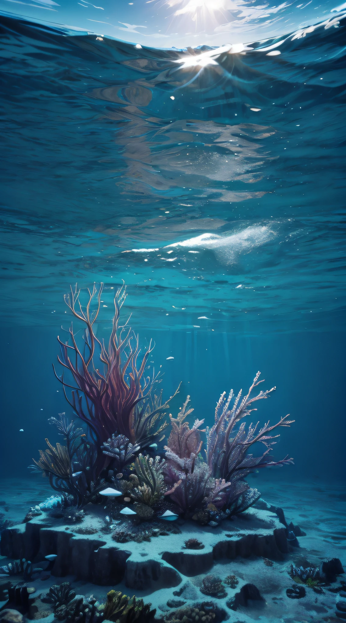 ocean, salinity variations, deep blue water, swirling currents, sparkling waves, shimmering reflections, underwater life, marine ecosystem, salt concentration, brackish water, salty foam, crystal clear depths, shifting tides, saline gradients, floating sea creatures, oceanographic research, subtle salinity patterns, intertidal zones, estuaries, coastal regions, open sea, mesmerizing colors, sodium chloride, vital element, briny taste, oceanography exploration, saltwater intrusion, evaporation processes, underwater photography. (best quality, ultra-detailed), vibrant colors, realistic lighting, vivid ocean hues.