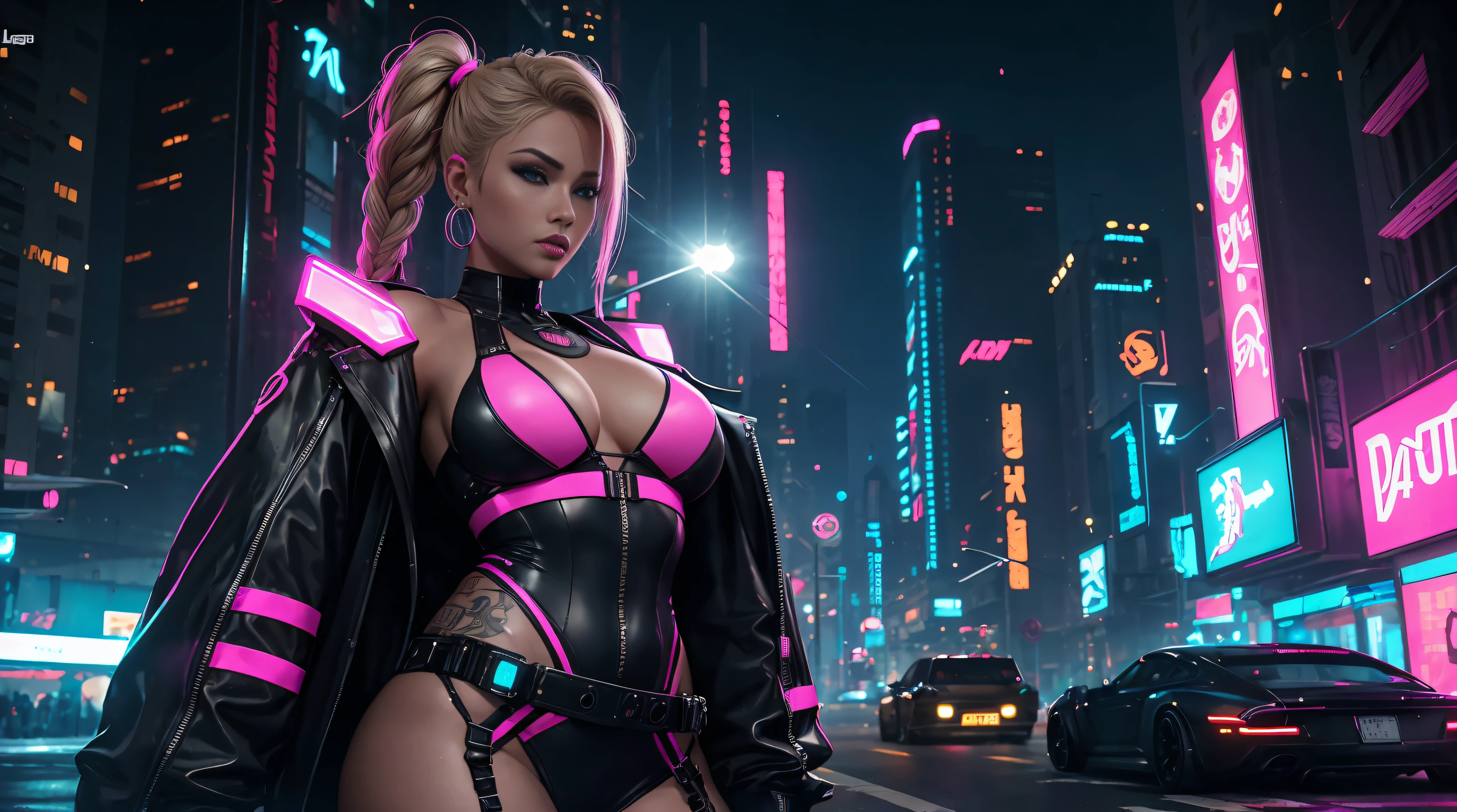 Create a hyper-realistic cyberpunk artwork featuring a tall (190cm) Russian woman with an athletic build and an ultra-detailed, sultry face. She is shown standing with her legs crossed, lifting her breasts with her hands, accentuating their size. She has a thin waist, defined 6-pack abs, curvy hips, and slightly plump buttocks. Her body has a subtle glow, and her skin texture is highly detailed. The woman has (((blond hair))) styled in twin-tails with partial braids and shaved and braided sections on the right side. She wears pencil heels in a cyberpunk style and dark-blue glossy lipstick. Her lips are slightly parted, and she has purple eyes, neon earrings, and shiny black fingerless gloves with a cyberpunk aesthetic. She also has a navel piercing and Irezumi-style tattoos on her body, including a glowing one. She wears see-through fabric leggings and a cyberpunk-style jacket, barely clothed, (dark-pink areola, and deep-dark-pink ), high-cut tank-top with under breast visible. T-string bikini bottom. The artwork is set against the backdrop of a highly detailed cyberpunk metropolis at night, with empty streets illuminated by neon signs and some people in the blurry background. The art is created using a Canon EOS R6 camera, and it utilizes Octane render, (High Dynamic Range), Tay Tracing, NVIDIA RTX, unreal 5, subsurface scattering, PBR texturing, post-processing, anisotropic filtering, maximum clarity and sharpness, ((cinematic lighting)), Lens Flare light, (hyper-realistic light and shadow: 1.2), depth of field, Illuminated by soft, Dreamy volumetric lighting, vaginal rundown, pubic hair.