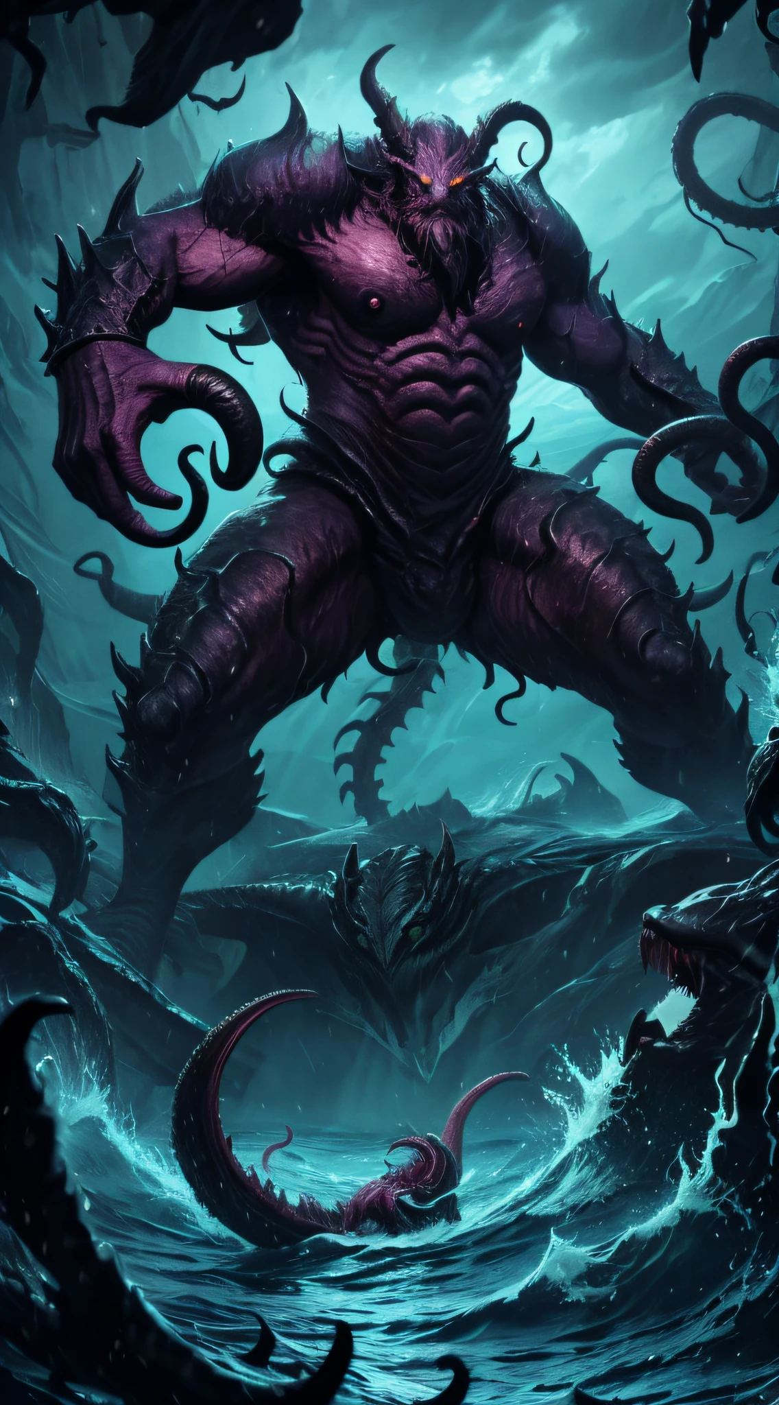 (best quality,4k,8k,highres,masterpiece:1.2),ultra-detailed,realistic,photorealistic,HDR,UHD,sharp focus,studio lighting,professional,Kraken emerging from the deep sea,ominous dark water,stormy weather,massive creature,writhing tentacles,monstrous proportions,gigantic eye,glistening scales,roaring waves,towering in the background,majestic and terrifying,epic battle with brave sailors,desperate struggle for survival,dark and eerie atmosphere,horror,mythical sea monster,legendary beast,unleashing its fury,chaos and destruction,heroic fight against the beast,final showdown between man and monster,vivid colors,bokeh