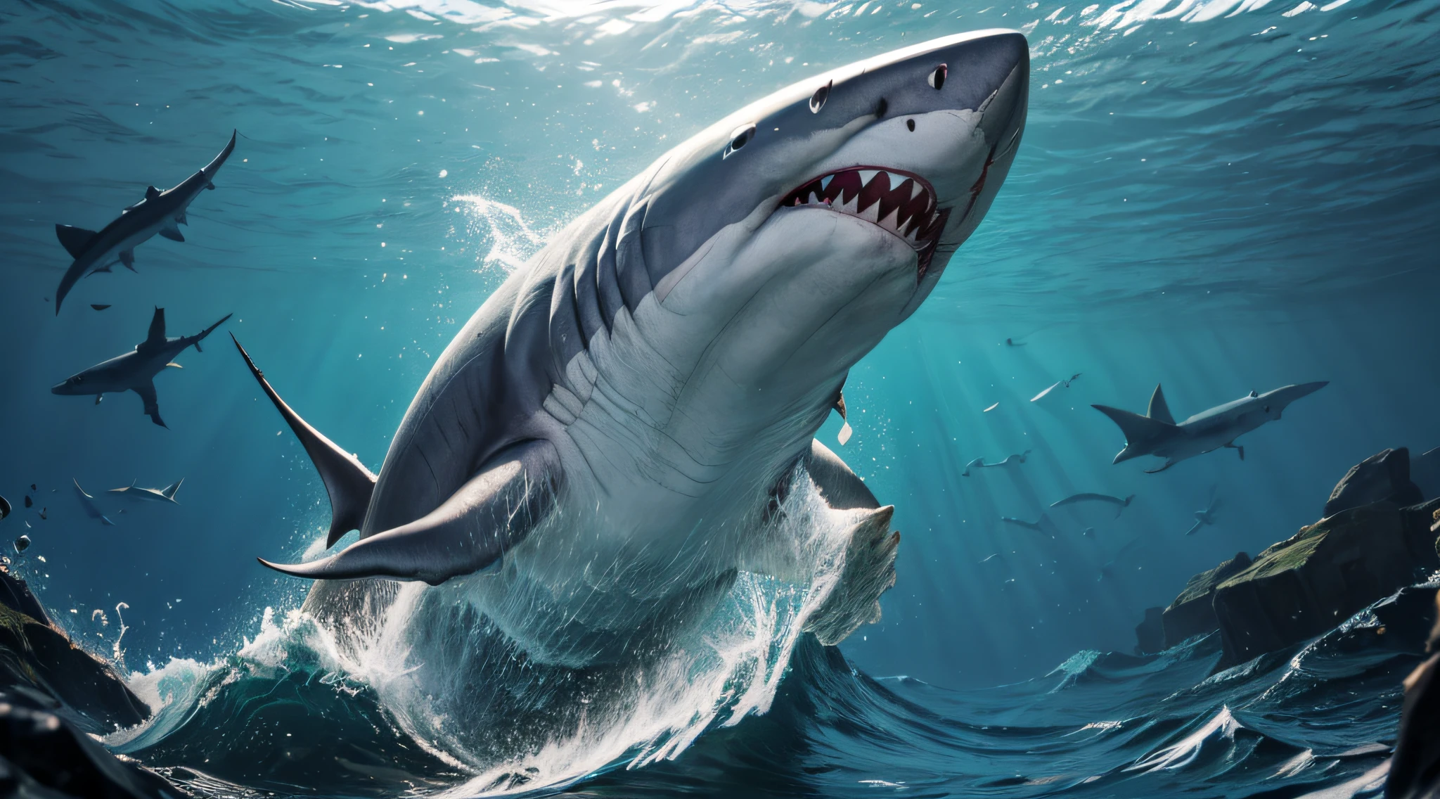 (best quality,4k,highres,masterpiece:1.2),ultra-detailed,realistic:1.37,a massive Megalodon shark swimming with incredible realism,sharp teeth and a powerful tail.This giant creature is depicted in splendid detail,highlighting its rough skin and powerful presence. The ocean water is rendered with crystal clarity, complete with realistic lighting and waves crashing against the shark,creating a surreal and awe-inspiring scene. The artwork is a digital 3D rendering that captures every little detail of the Megalodon's anatomy,bringing it to life on the screen. The colors are vibrant and vivid,with deep blues and greens creating a sense of depth and mystery. The lighting is meticulously crafted to enhance the realism of the scene,casting realistic shadows and highlights on the shark as it glides through the water. The overall image quality is top-notch, with ultra-fine details and a resolution that allows for an immersive viewing experience. The viewer can almost feel the power and majesty of this ancient marine predator, making the artwork a true masterpiece.