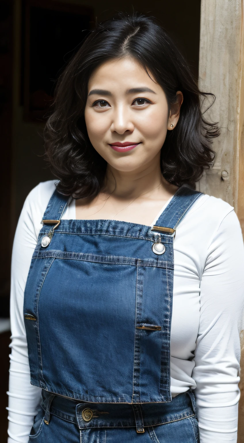 ((Best quality, 8K, Masterpiece, Portrait: 1.3)), (View viewers), Photorealism, Sharp focus, Solo, The Moro Islamic Liberation Front of Japan, Beauty,Wavy hair, Wrinkles at the corners of the eyes, to emphasize, ((Big breasts:1.3))),,30 years old, curlies, Wrinkled eyes, Denim suspenders、((looking at viewert))