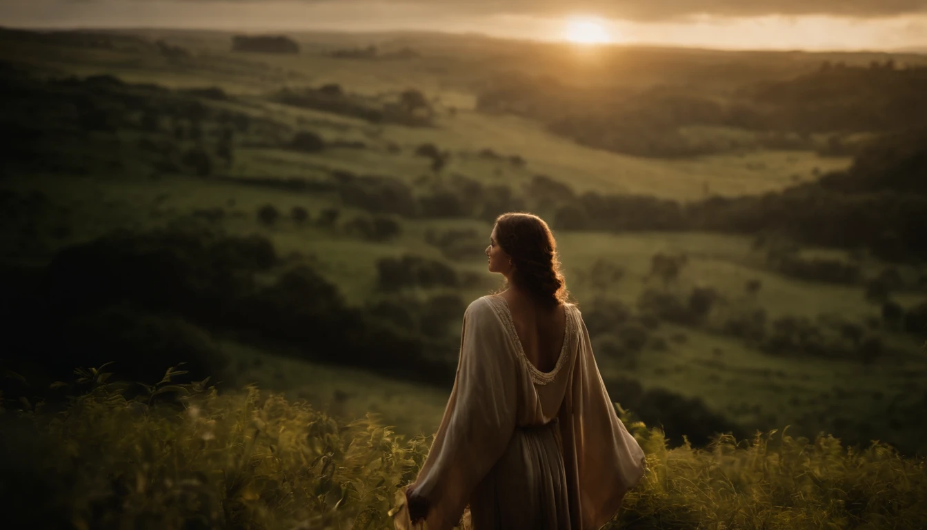 um anjo querubim de asas longas, que emana luz divina, um anjo de Deus que aparece a uma jovem mulher judia, it's a biblical passage,