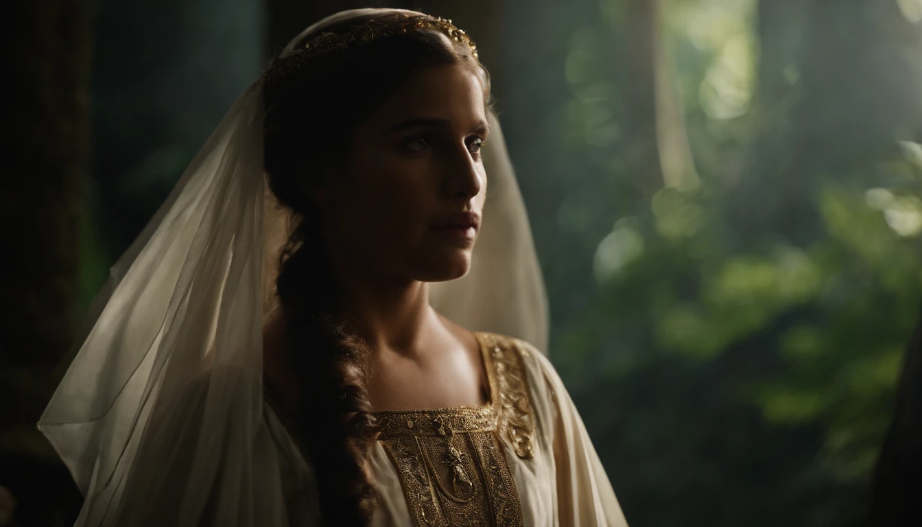 um anjo querubim de asas longas, que emana luz divina, um anjo de Deus que aparece a uma jovem mulher judia, it's a biblical passage,