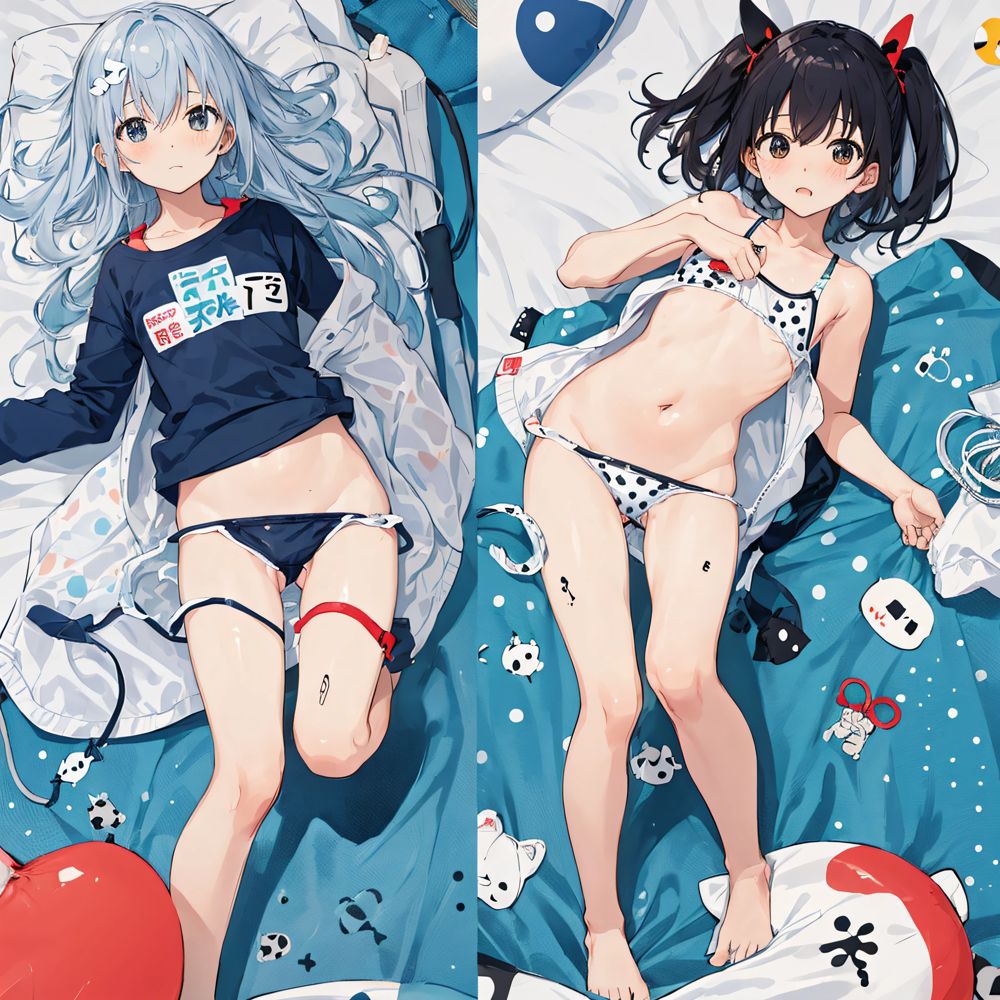 M-shaped legs、Spotty girl、swim wears、a bed、Covered in body fluids