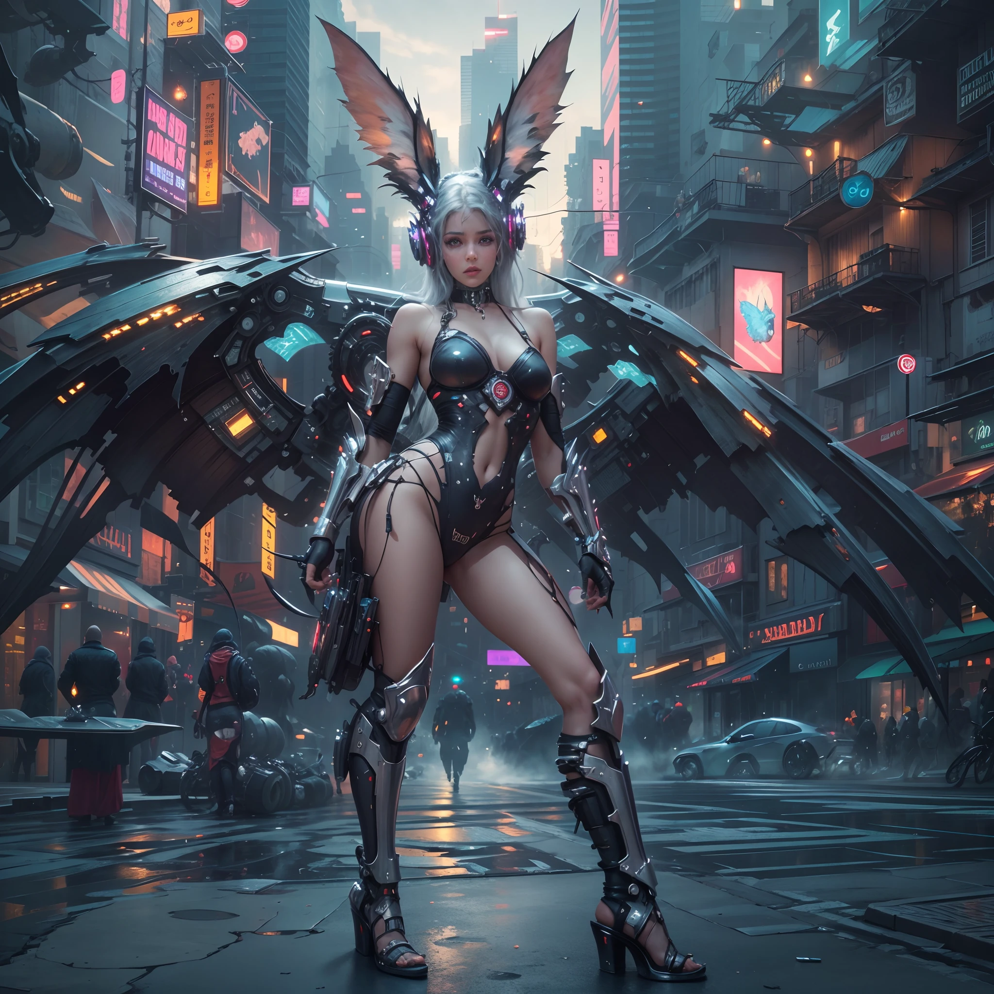 (Best quality,4K,8K,A high resolution,Masterpiece:1.2),Ultra-detailed,(Realistic,Photorealistic,photo-realistic:1.37),[Cyberpunk,Girl,The center of the picture,frontage，Mechanical,Metallic,robotic limb,high-heels，(Huge wings),(Rabbit ears)],Futuristic city landscape,nigth,Suspended in the street，Science fiction elements,urban chic,