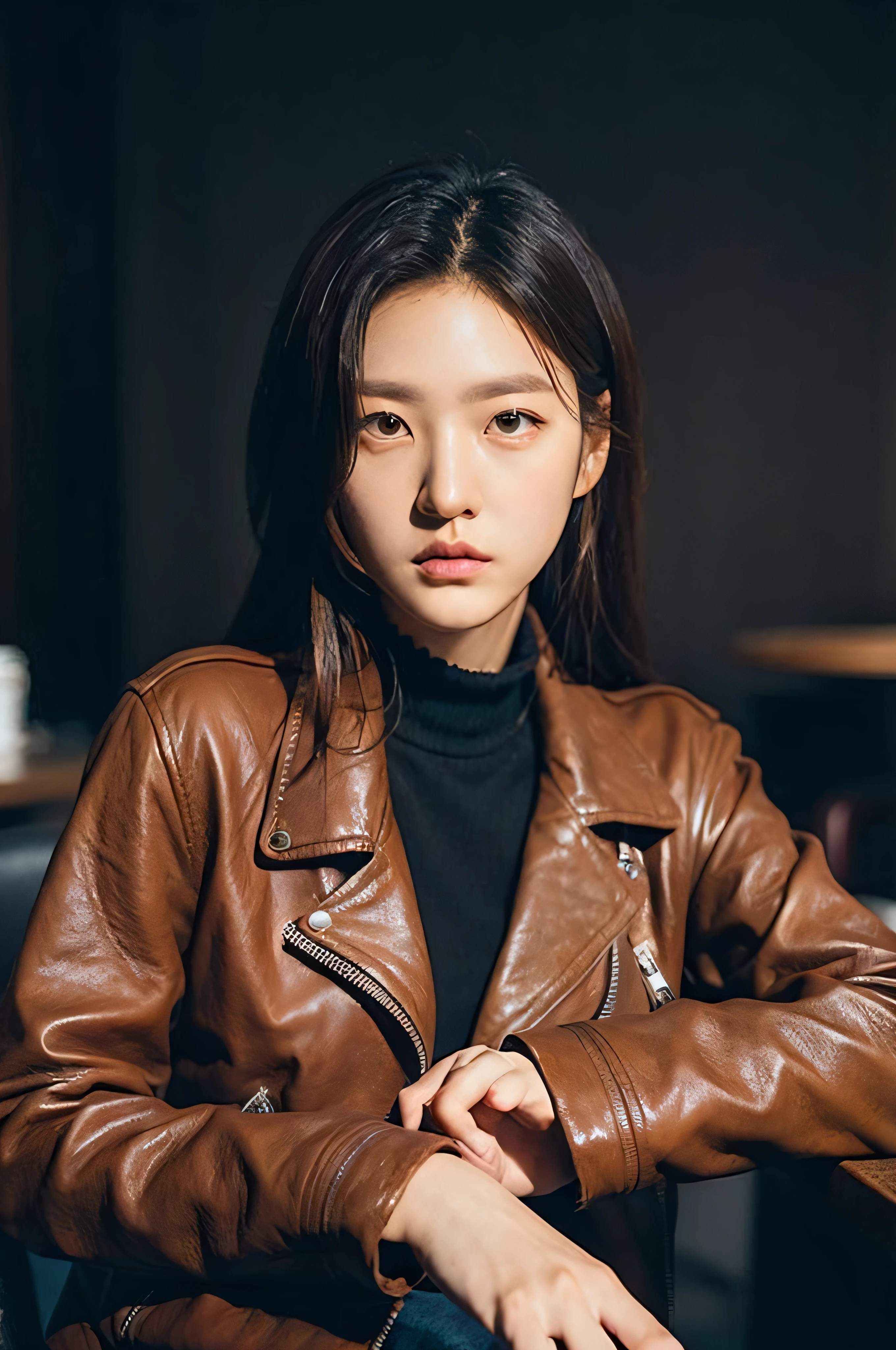 Best quality, masterpiece, ultra high res, (photorealistic:1.4), raw photo, close up, in coffeeshop, deep shadow, dark theme, sitting down, long hair, leather jacket,