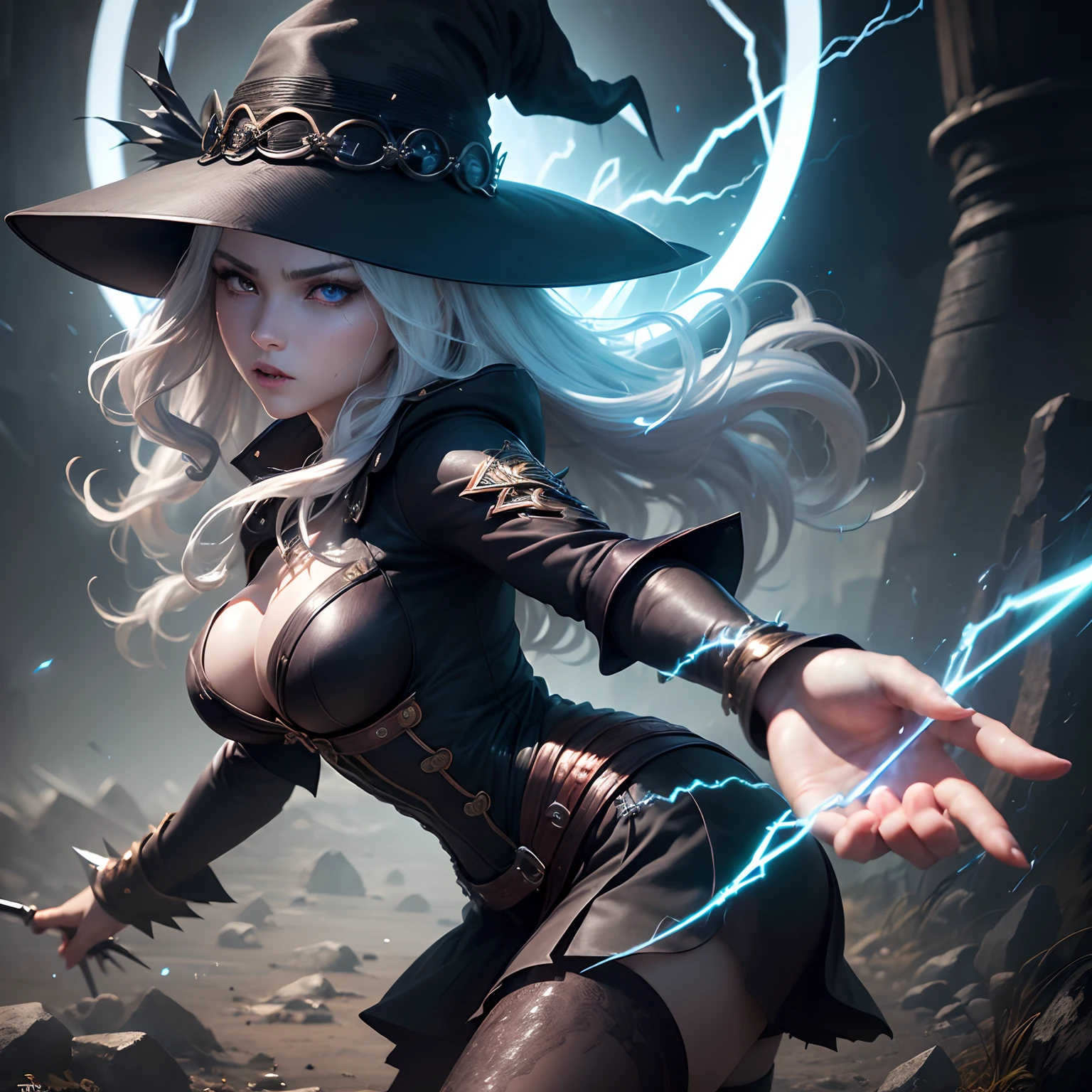 (Best Quality,Ultra-detailed,Realistic:1.37)、Witch attacking with lightning magic、An 18-year-old woman、(Sharp eyes:1.5)、Aggressive look、Stylish outfit、Radiates electric current from the palm of your hand、magic circles、Full body