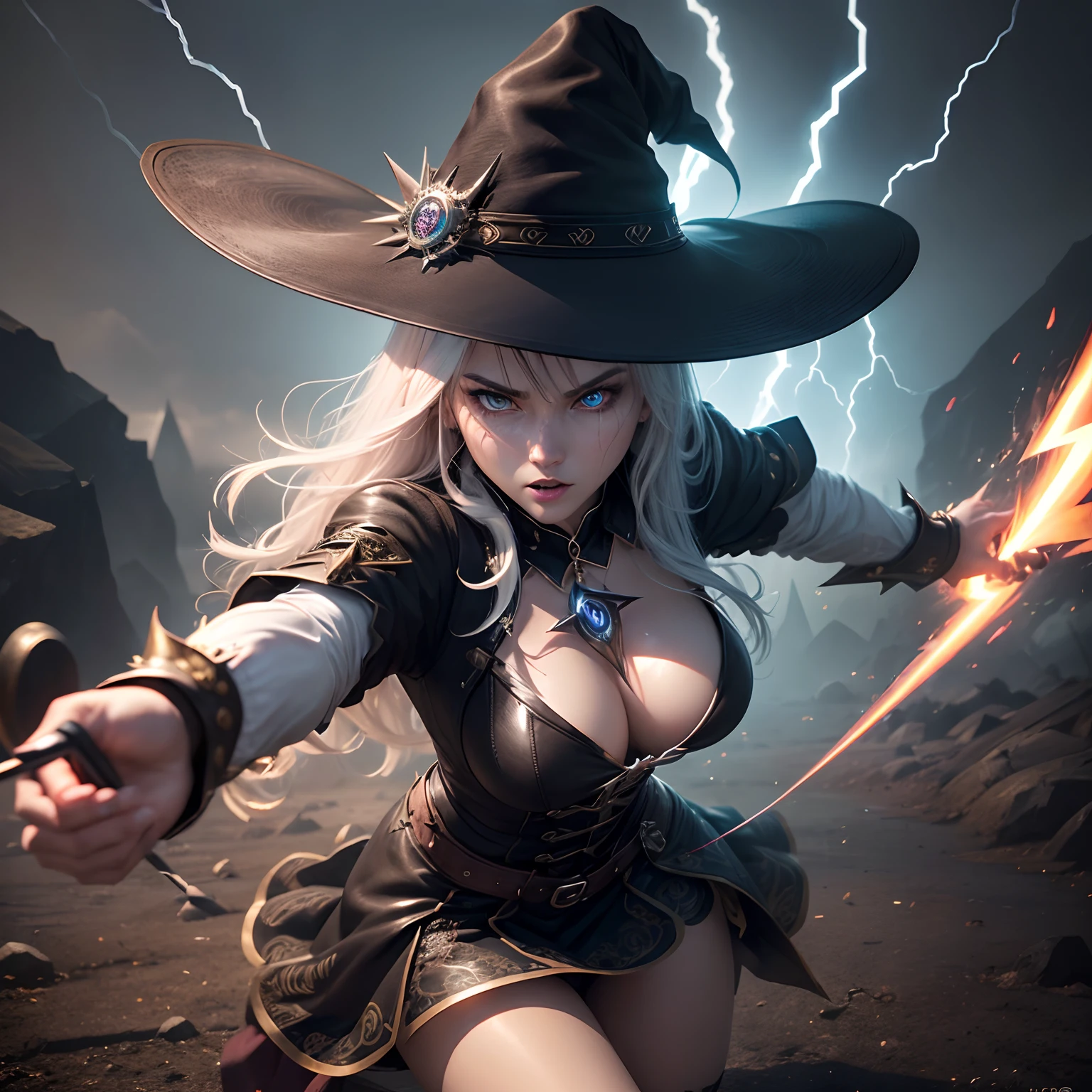 (Best Quality,Ultra-detailed,Realistic:1.37)、Witch attacking with lightning magic、An 18-year-old woman、(Sharp eyes:1.5)、Aggressive look、Stylish outfit、Radiates electric current from the palm of your hand、magic circles、Full body