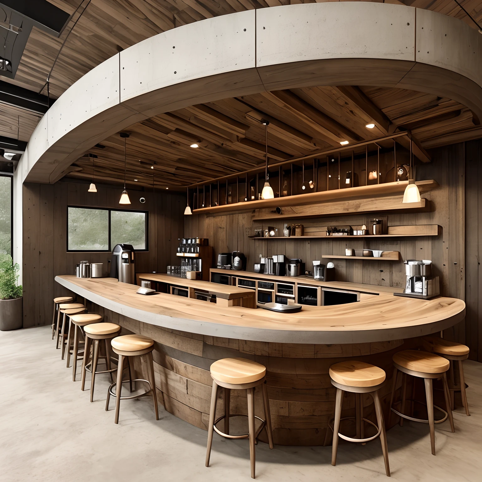 Rustic coffee shop, rounded corners, designed in brutalism style,  walnut wood and concrete materials, hyperrealistic, extremely detailed, large sitting places