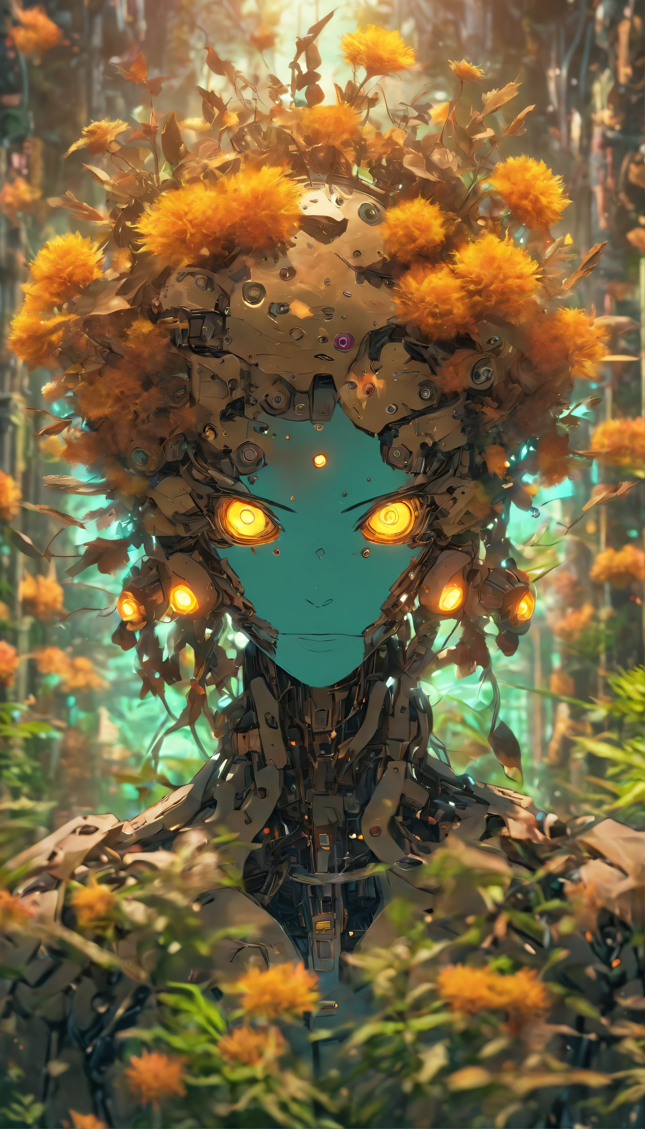 a front faced gorgeous botanical cyborg with dry flowers growing out of it, rustic:1.3 ,biomechanical  ((cyborg:1.3))automata, android, bokah diadem, damaged suit, dameged head, cracked glass, scratche screen,damned lands,yule heaven,biomechanical cyborg, 8k resoultion,  cinematic style digital art render with mechanical and futuristic details, Sci-Fi, hyper realistic ,biomachanical cyborg, post apocalyptic, damaged, surreal,surreal, withered nature, withered plants and leaves , dried