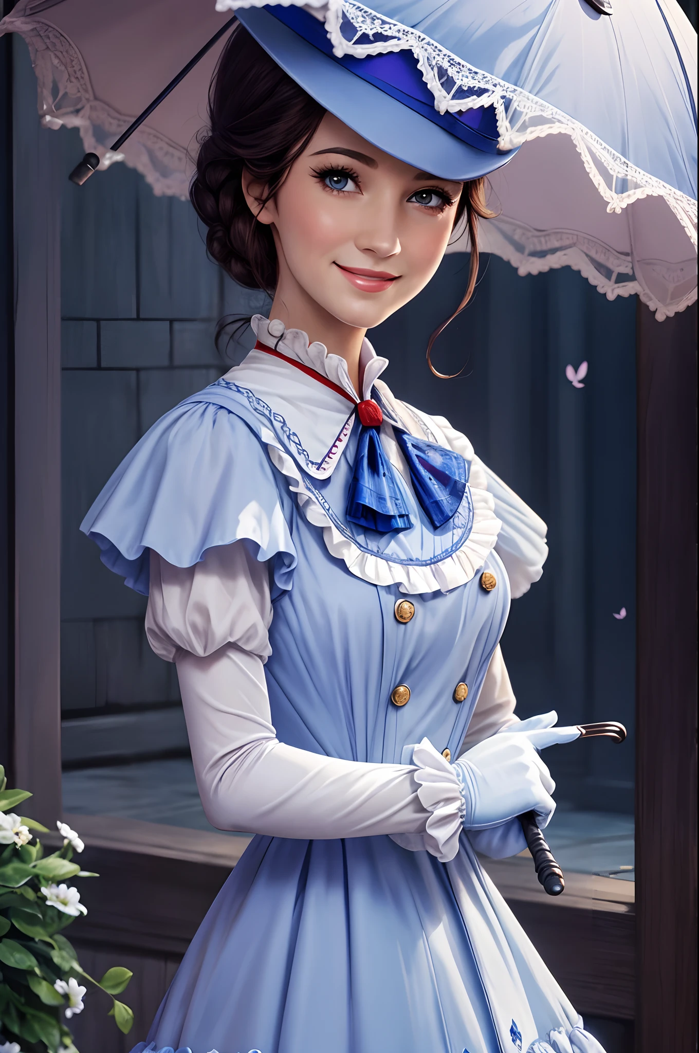 best quality, photo, highres, mary poppins, frills, dress, parasol, gloves, smile