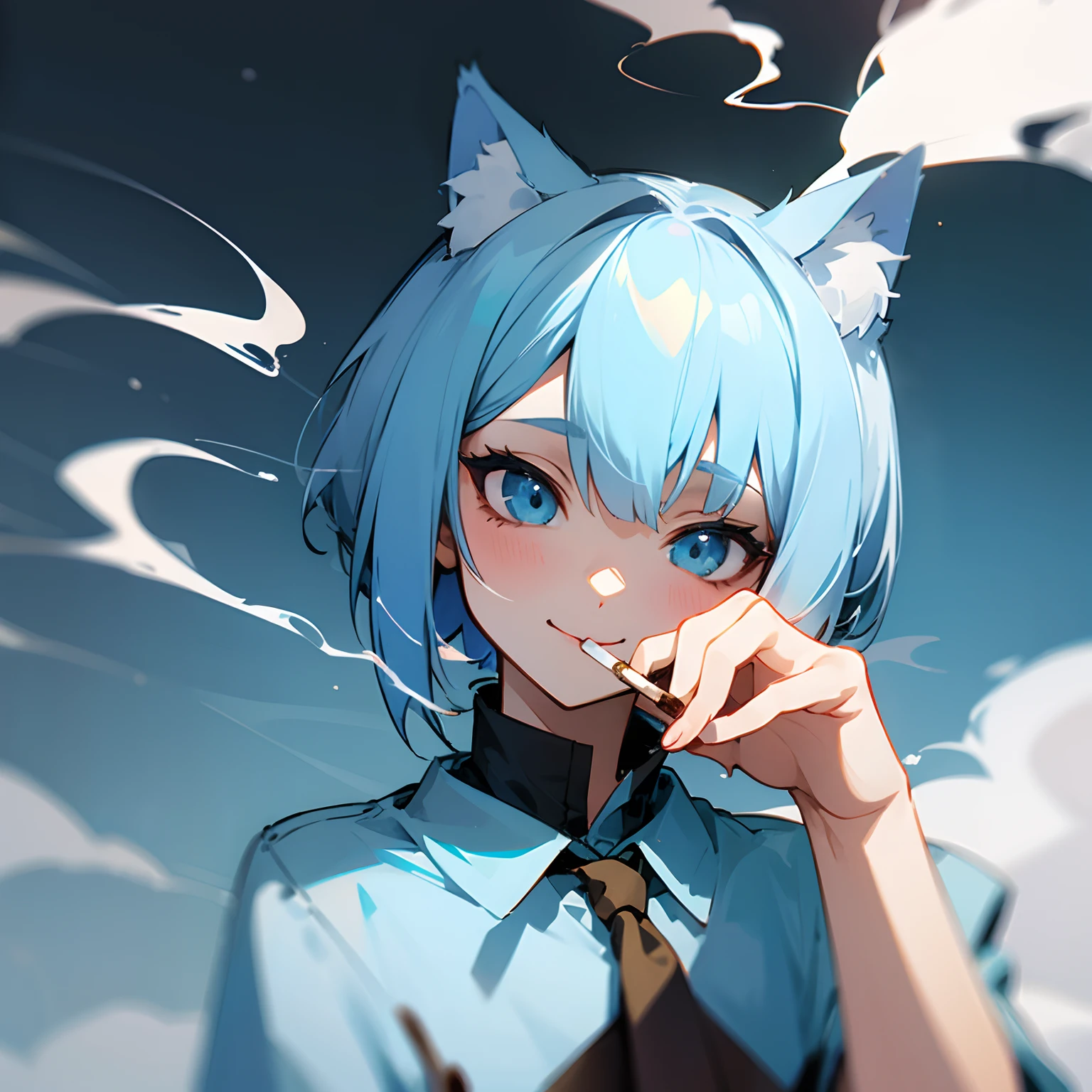 girl with,a short bob,Nekomimi,lightblue hair,smoking tobacco,a smile,a cool