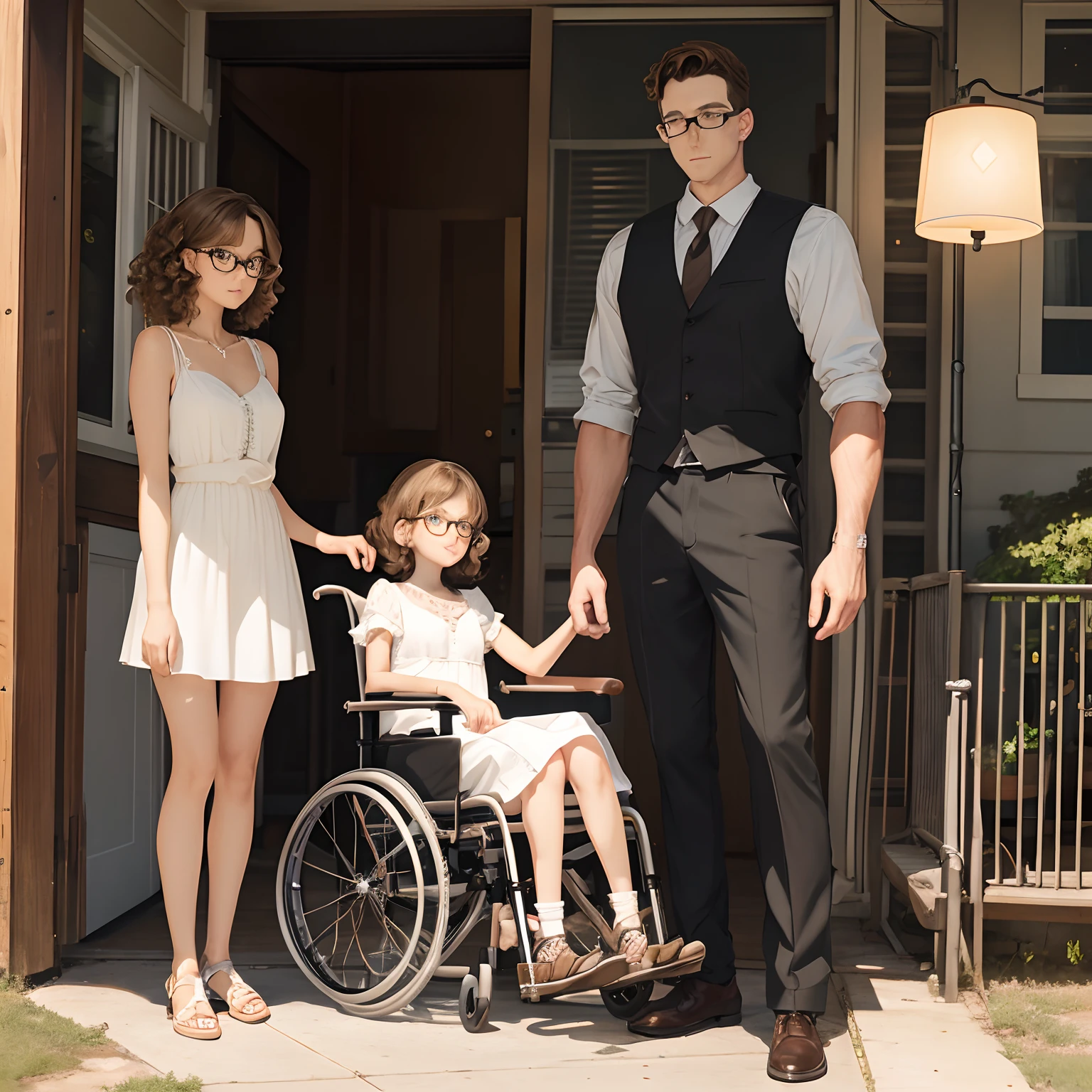 Angelica Sayre (((slender))((short)) curly light brown hair, wire rimmed glasses) in a wheelchair, beside her ((standing)) boyfriend Chad Seier. A pretty blonde woman in a short dress faces the viewer in the background.