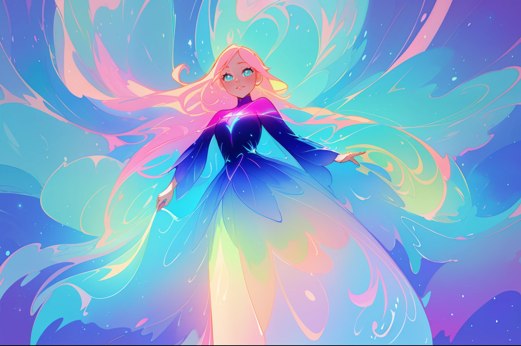 beautiful anime girl in colorful liquid dress, vibrant pastel colors, (colorful), magical lights, sparkling lines of light, inspired by Glen Keane, inspired by Lois van Baarle, disney art style, by Lois van Baarle, glowing aura around her, by Glen Keane, jen bartel, glowing lights! digital painting, flowing glowing hair, glowing flowing hair, beautiful digital illustration, fantasia background, whimsical, magical, fantasy, beautiful face, ((masterpiece, best quality)), intricate details, highly detailed, sharp focus, 8k resolution, sparkling detailed eyes, liquid watercolor